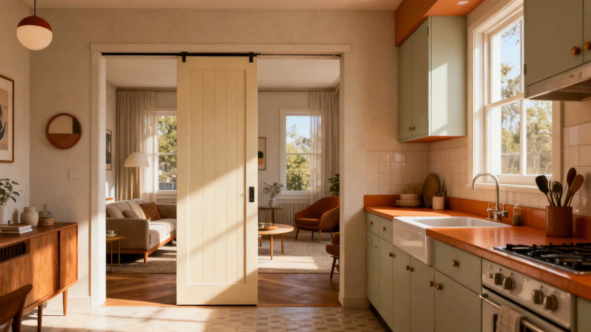 Small kitchen connected to living area with a pocket door and open sightlines.