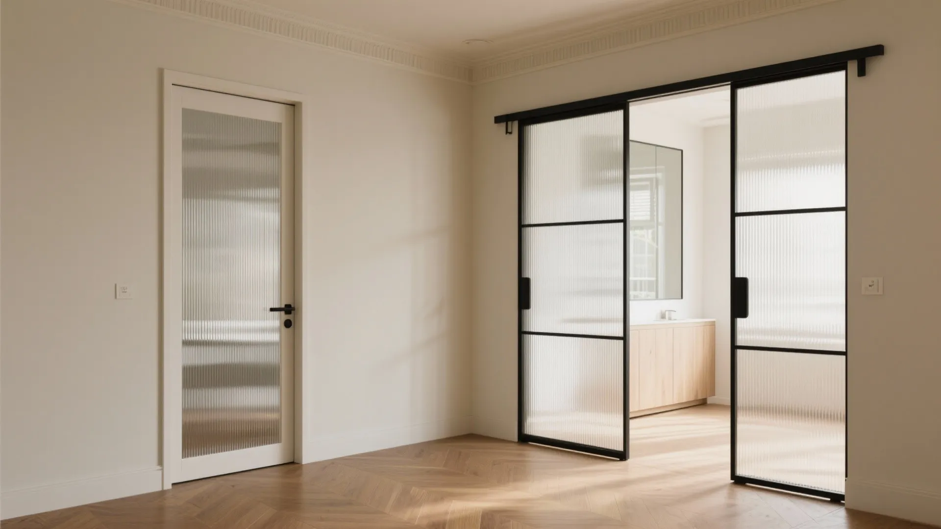 Modern interior with ribbed glass doors and black metal frames leading into a bright bathroom