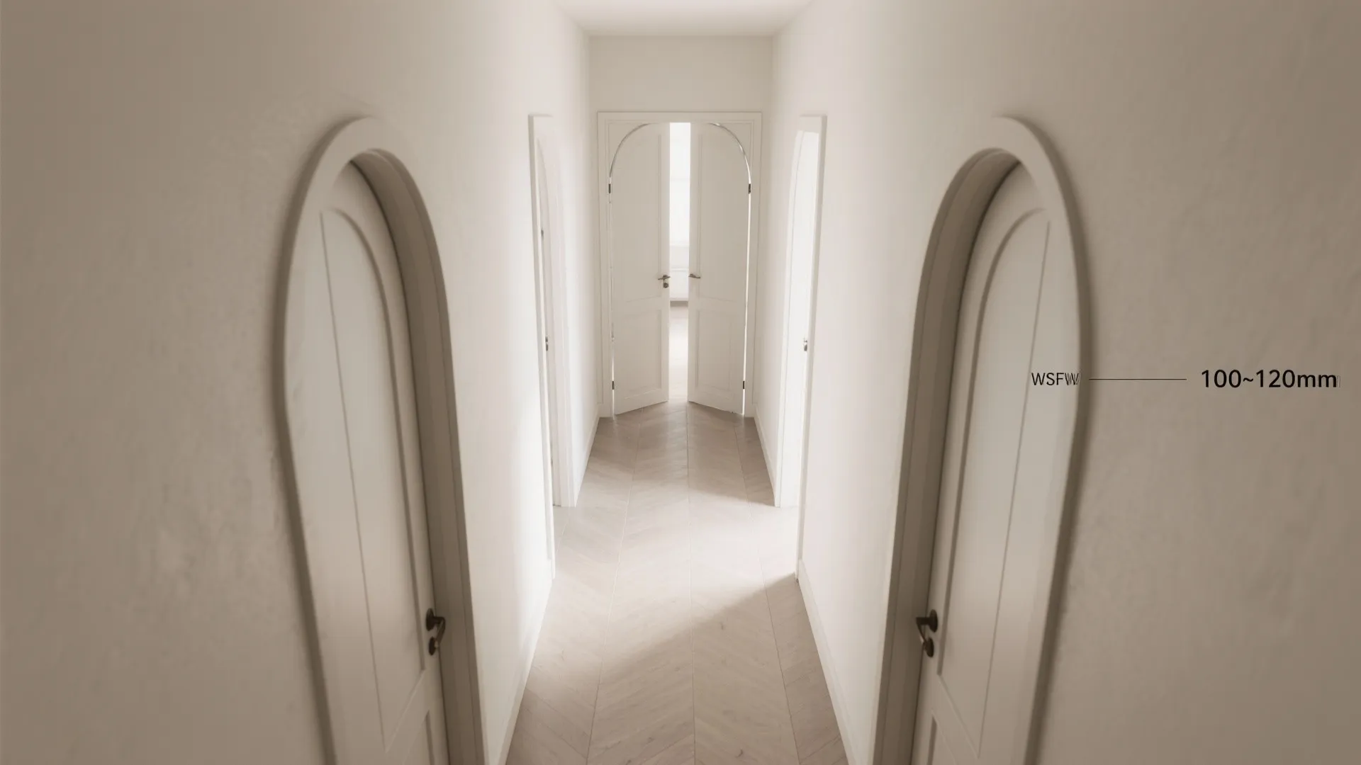 Bright white hallway showing multiple arched doors with simple handles and light colored wood flooring