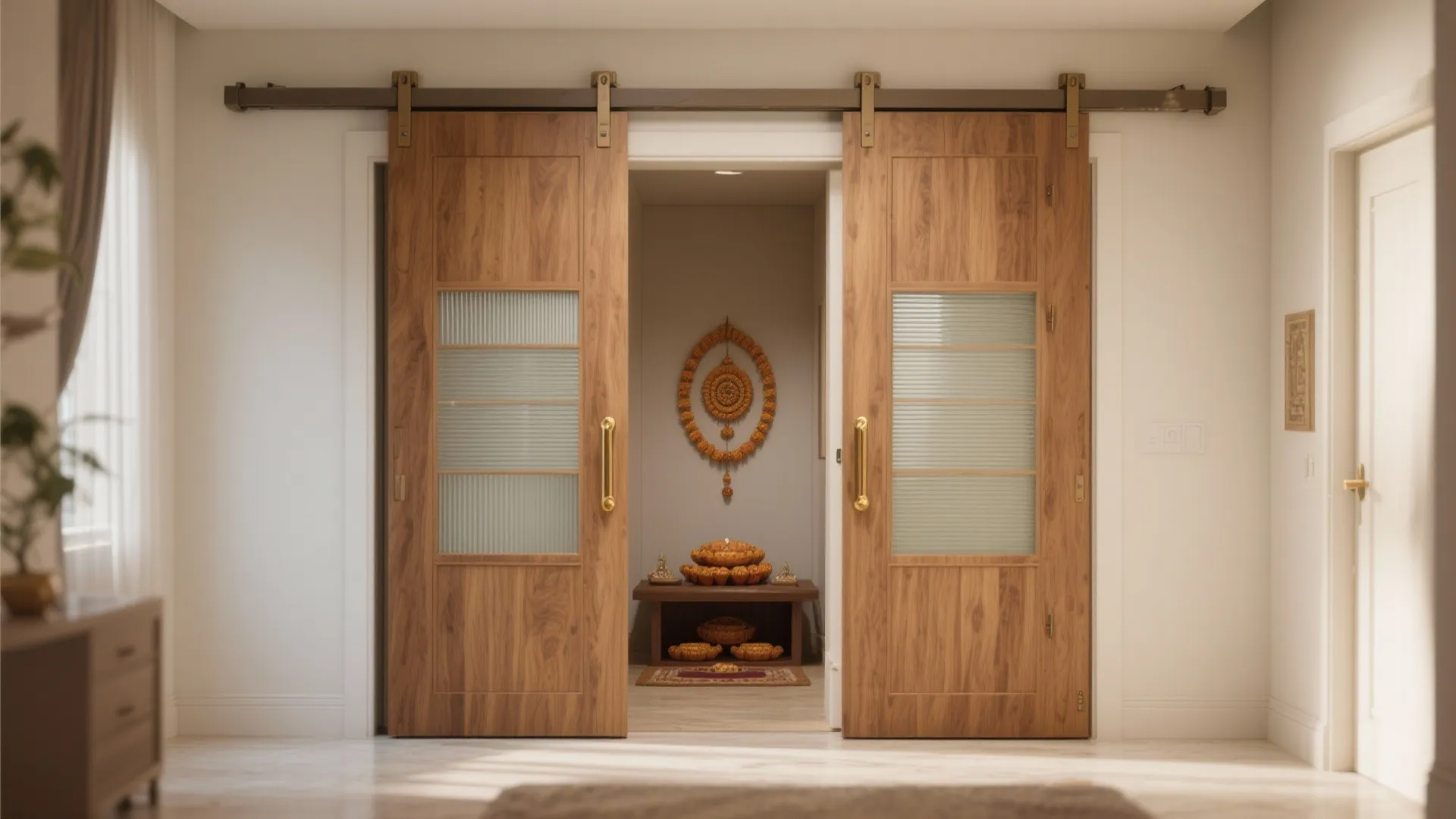 Wooden sliding doors with glass inserts opening to reveal a traditional home prayer room space