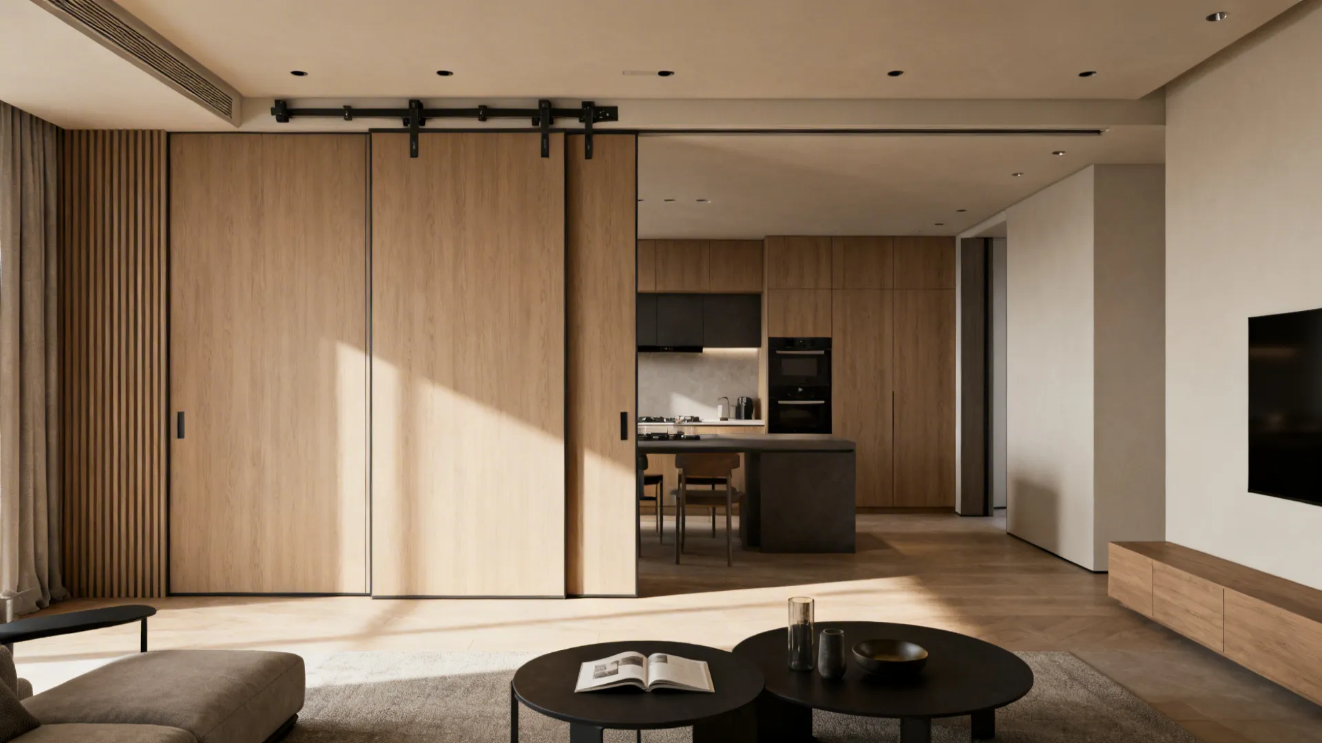 Modern pocket doors between kitchen and living area showing flexible open and closed options