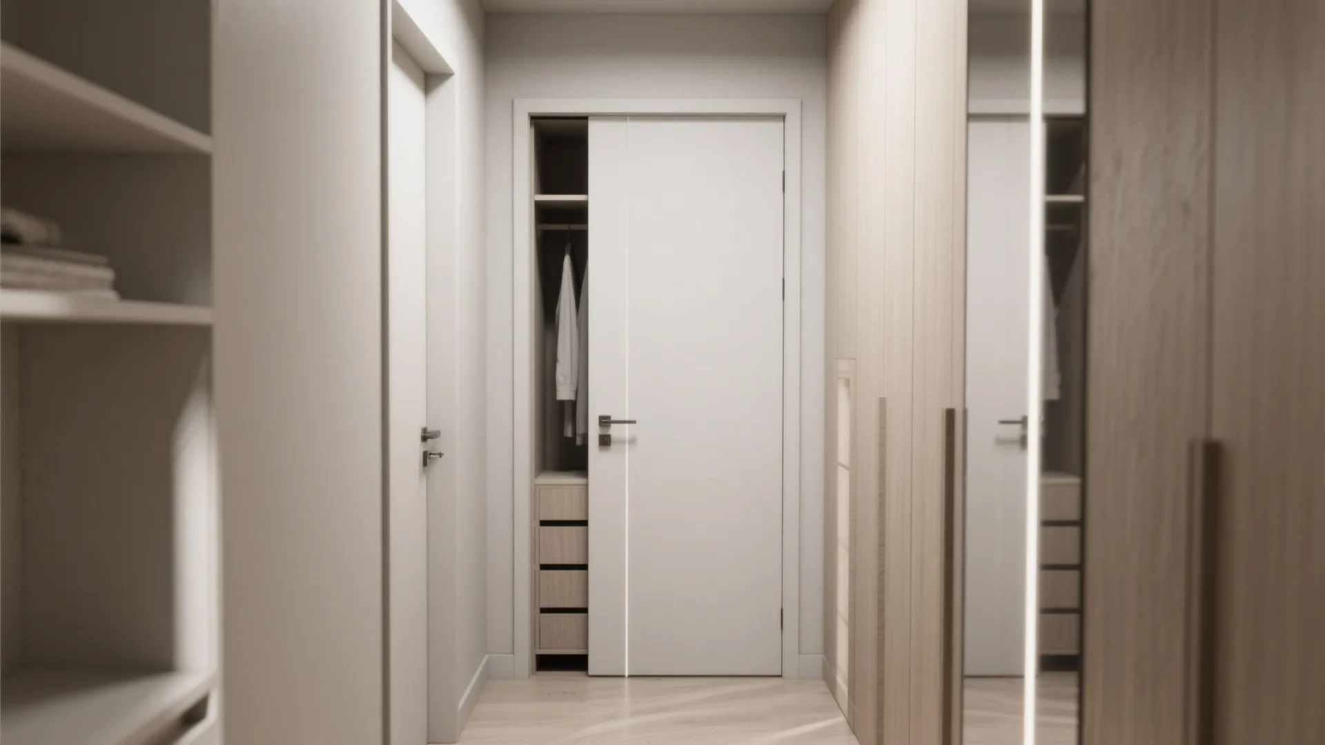 Pocket door and sliding mirrored closet saving space in a narrow corridor