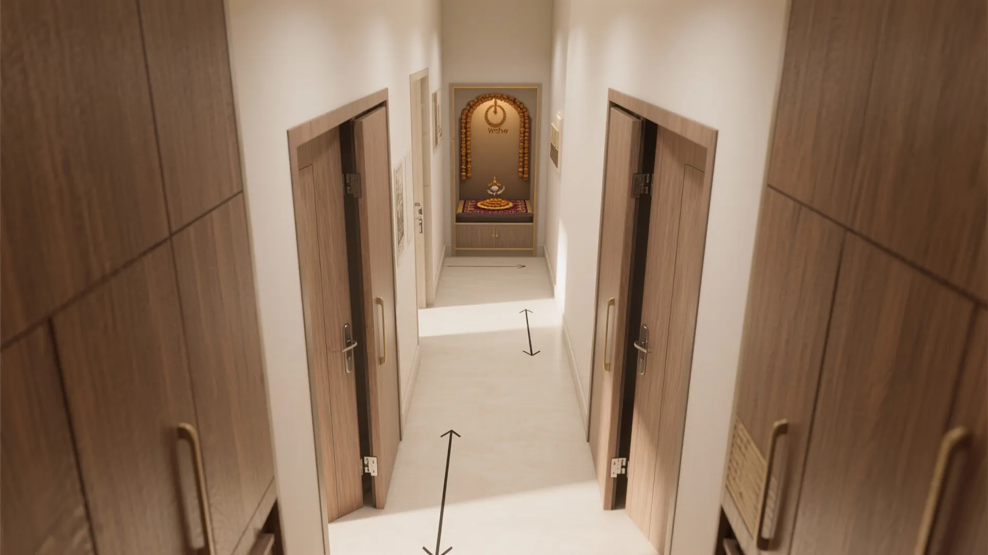 Narrow white hallway with wooden cabinet doors open leading towards a small prayer room area inside