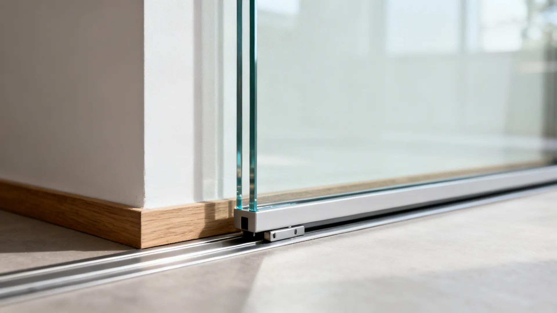 Close up of a glass sliding door metal track installed on a light grey floor