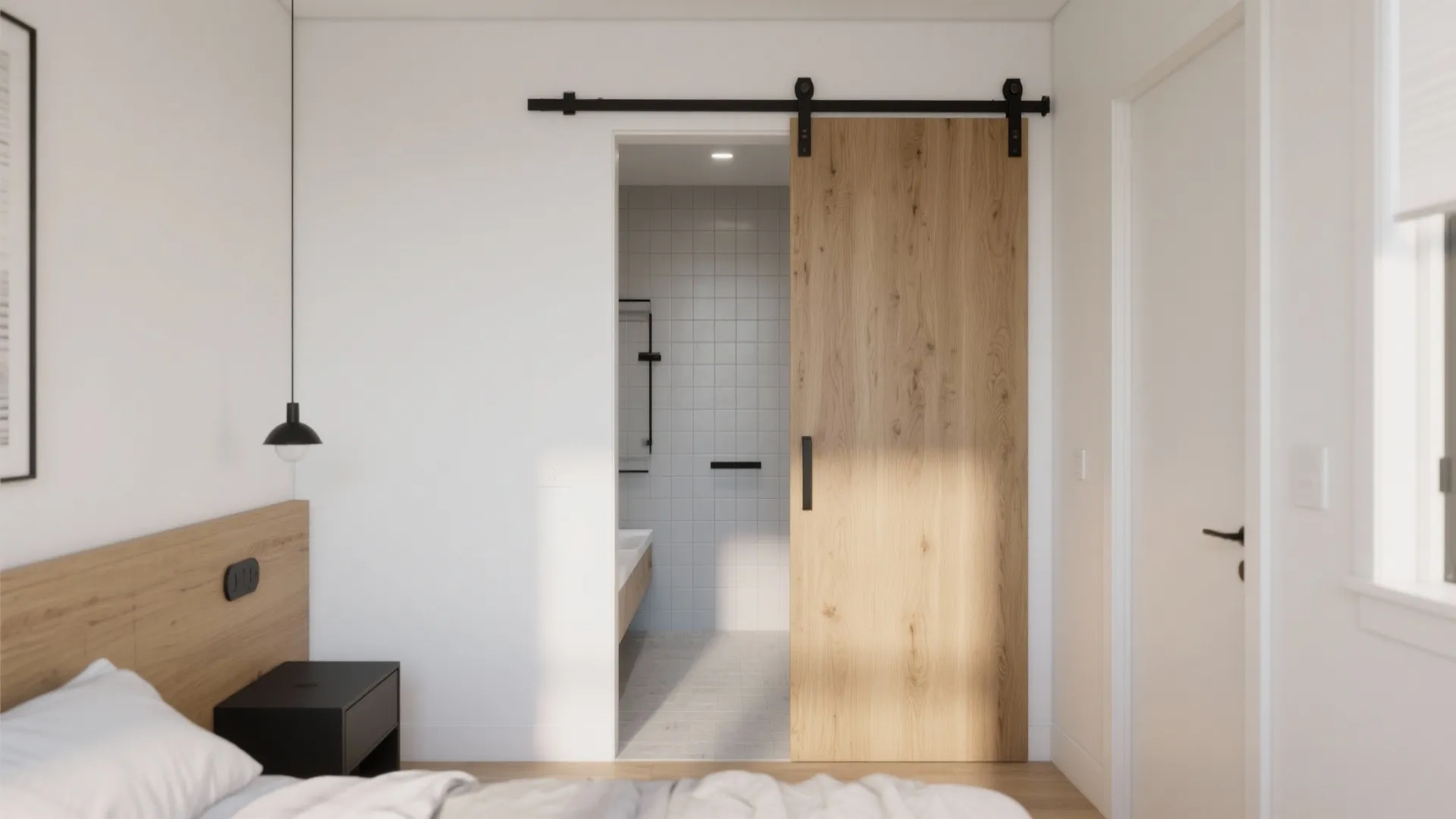 Modern bedroom with wooden sliding door leading to white tiled bathroom with cabinet and light