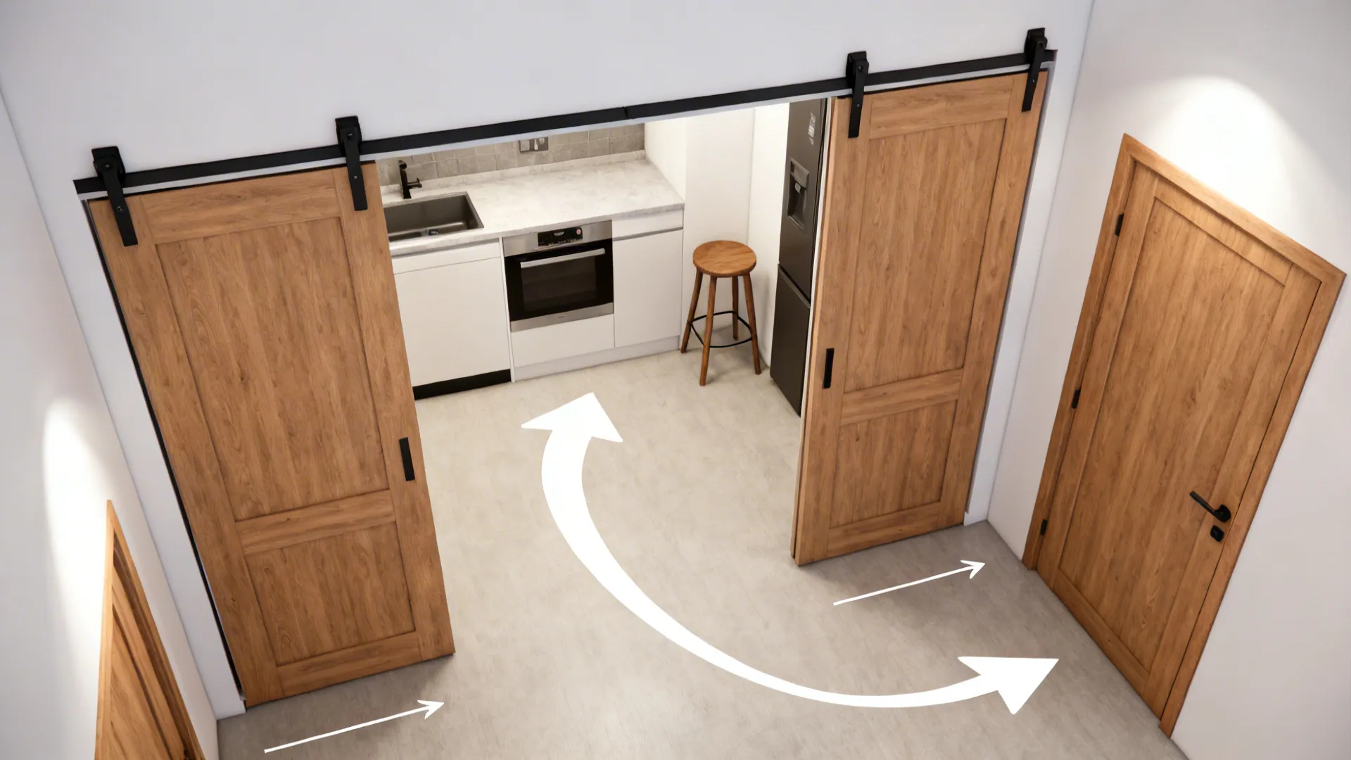 Interior design drawing showing wooden sliding doors movement in a small kitchen with white cabinets