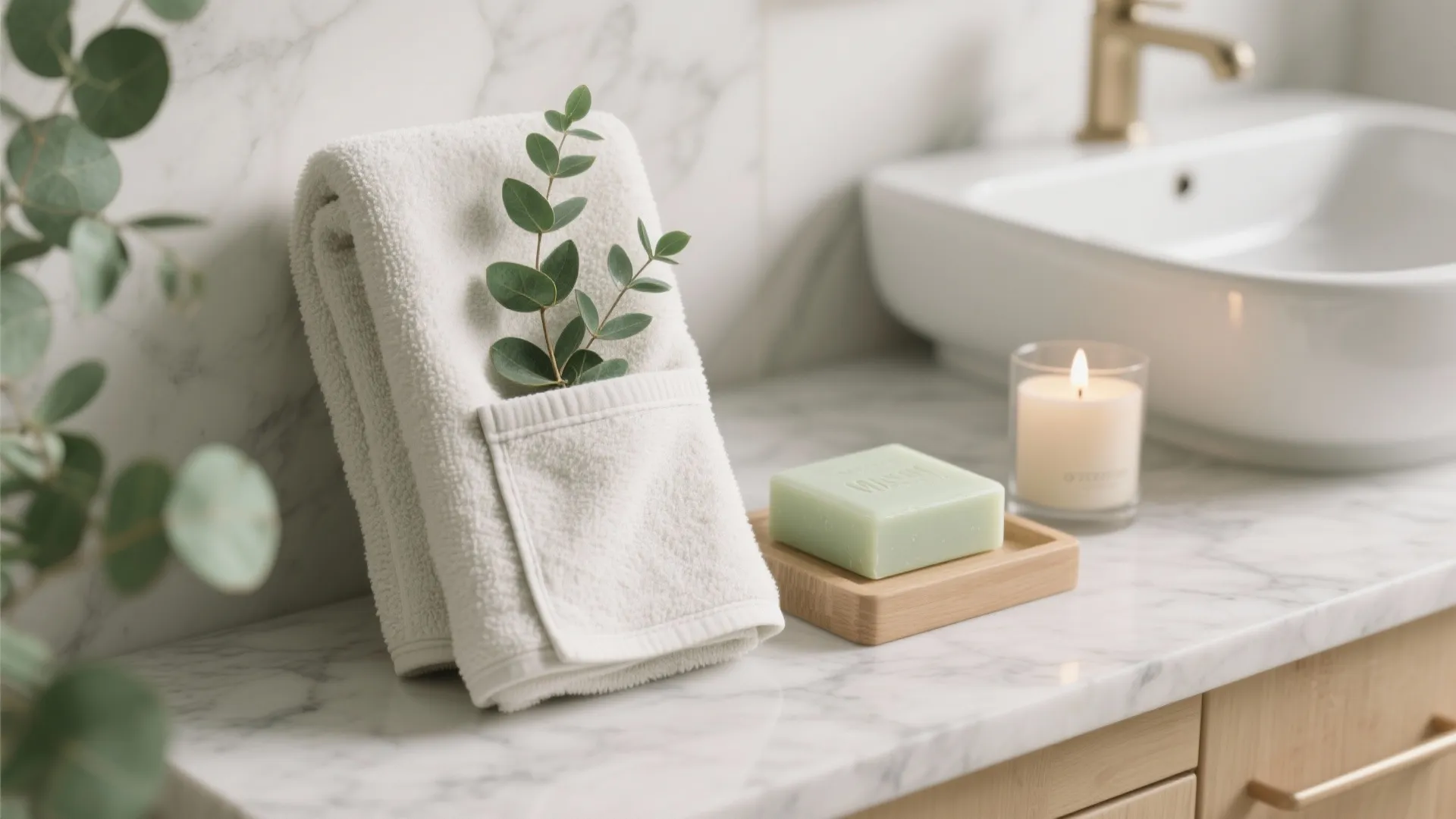 White folded towel with green leaves on marble bathroom counter near soap and scented candle