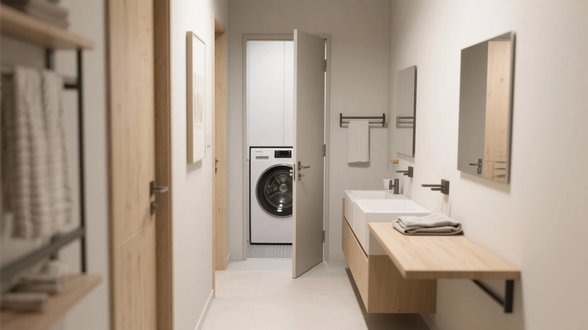 White washing machine visible through open door from modern bathroom with double sinks and vanity