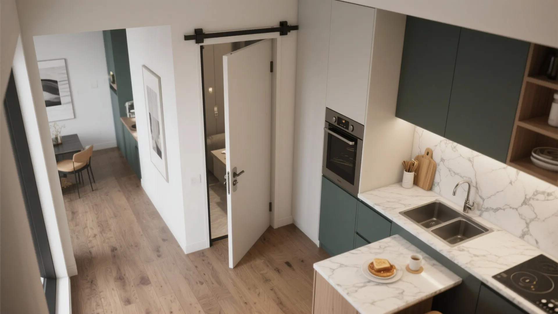 Top-down view of a kitchen nook showing a pocket-fold door retracted into a wall cavity beside a breakfast bar.