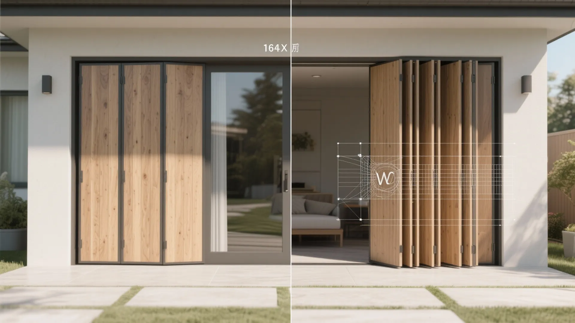 Before and after comparison of wooden folding doors being opened to reveal a living room