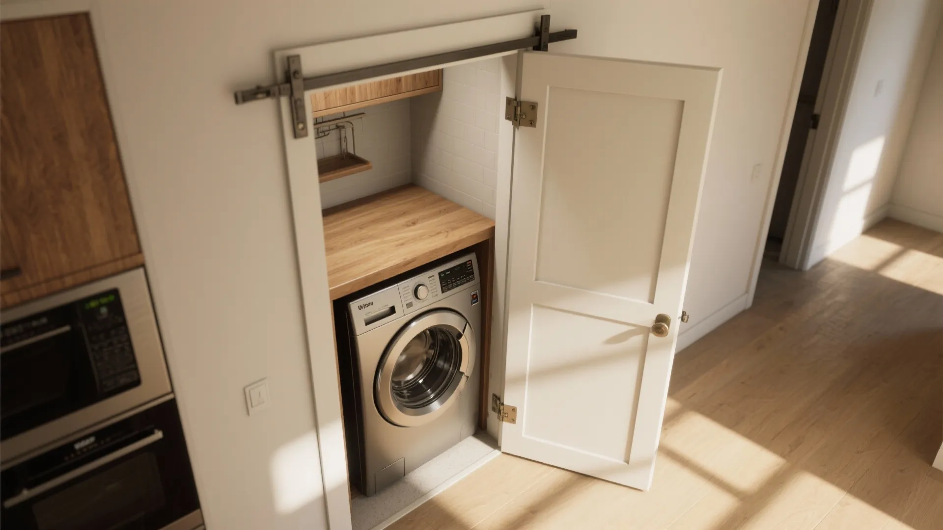 Top-down view of a pocket door revealing a washer with a fold-down wooden countertop and clear hallway clearance.