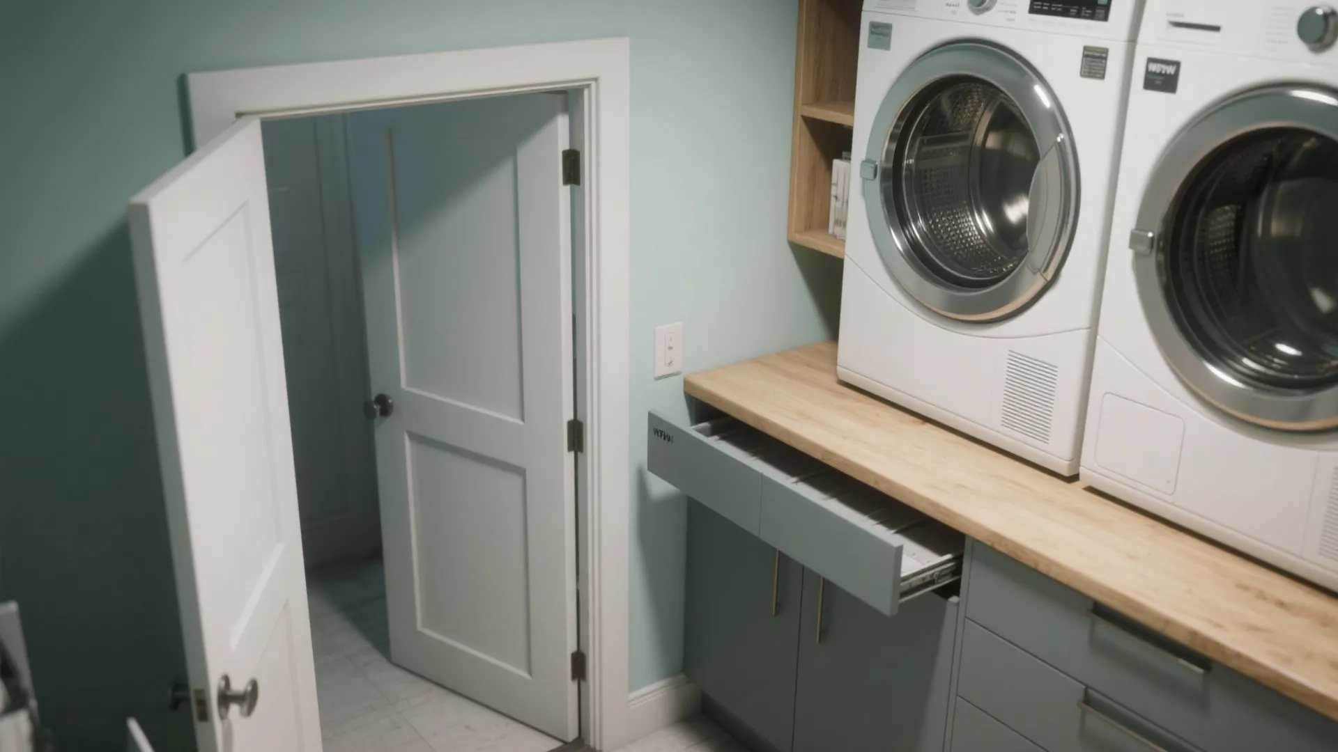Modern laundry room with washer dryer stacked on wood counter next to open white door