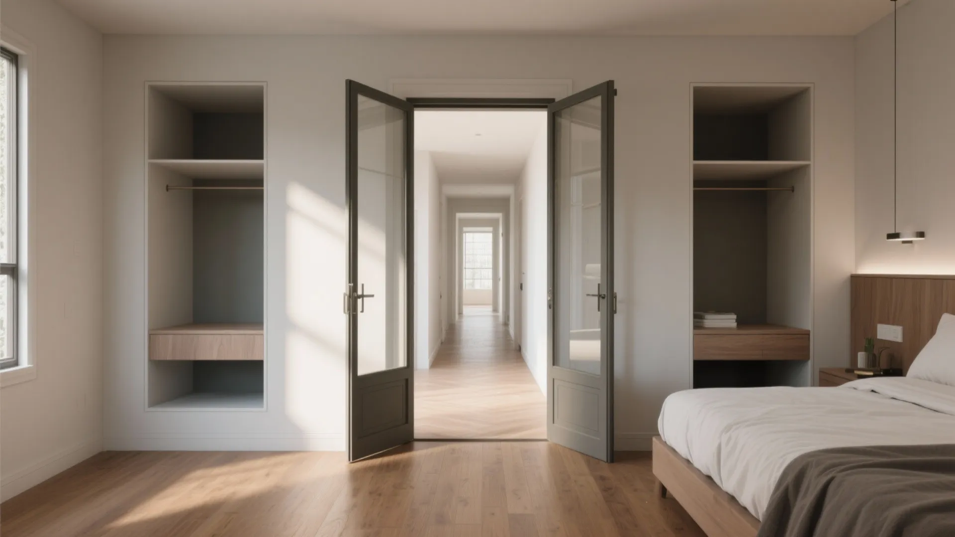 Small bedroom with French doors slid into wall pockets creating a full-width opening