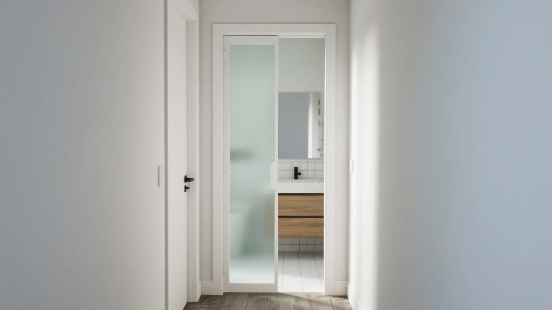 Modern white hallway leading to bathroom with frosted glass sliding door and wooden vanity cabinet