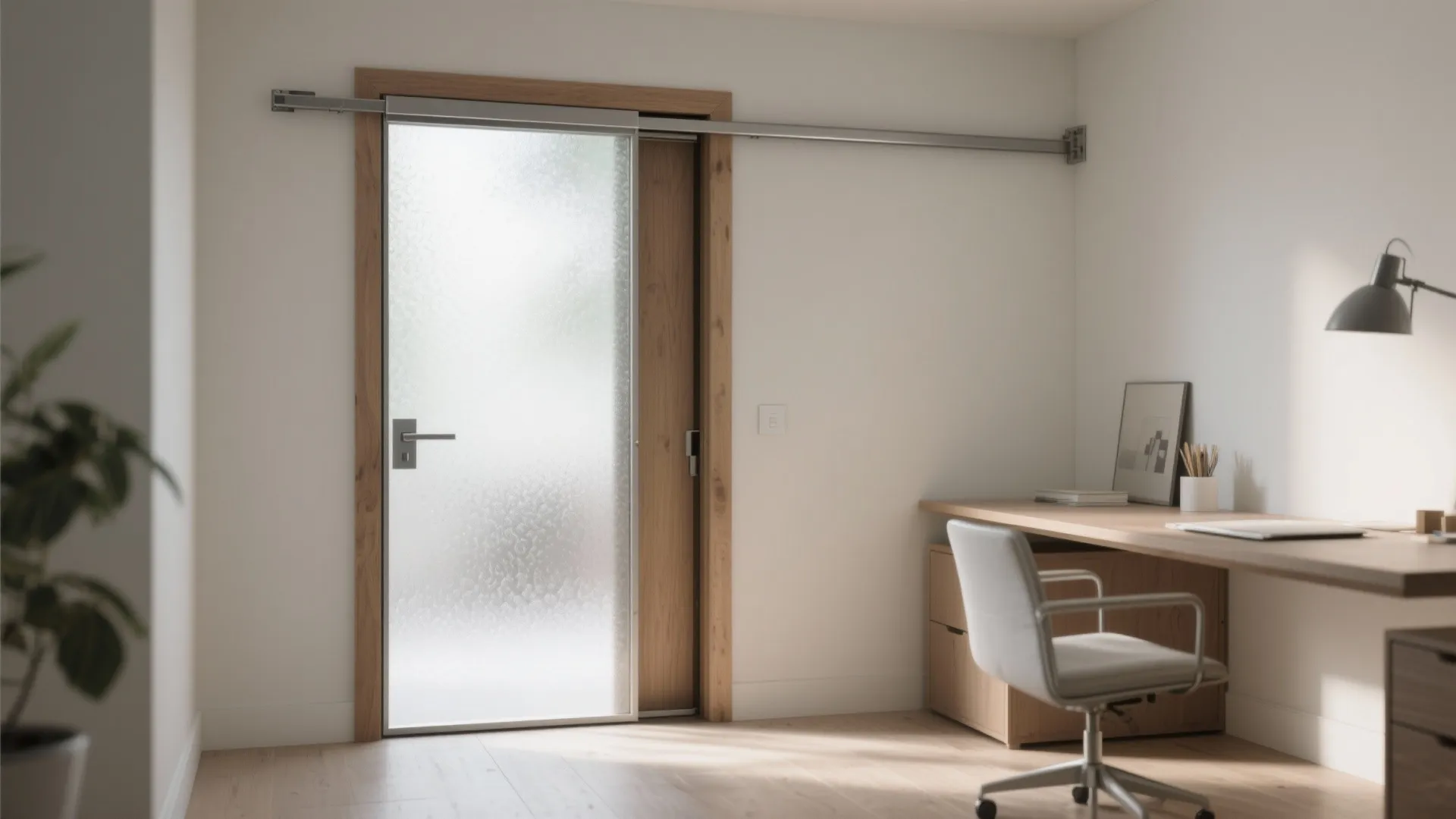A sliding frosted glass door with wooden frame set in a bright minimal home office