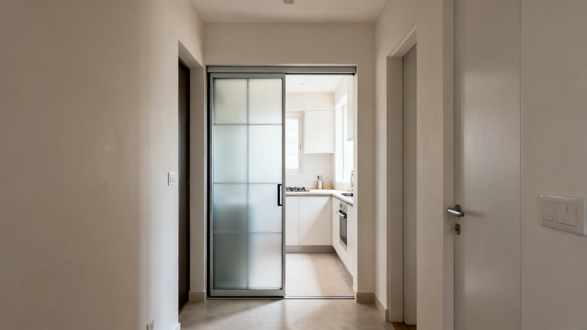 Pocket door with frosted glass panels recessed into a corridor wall by a compact kitchen.