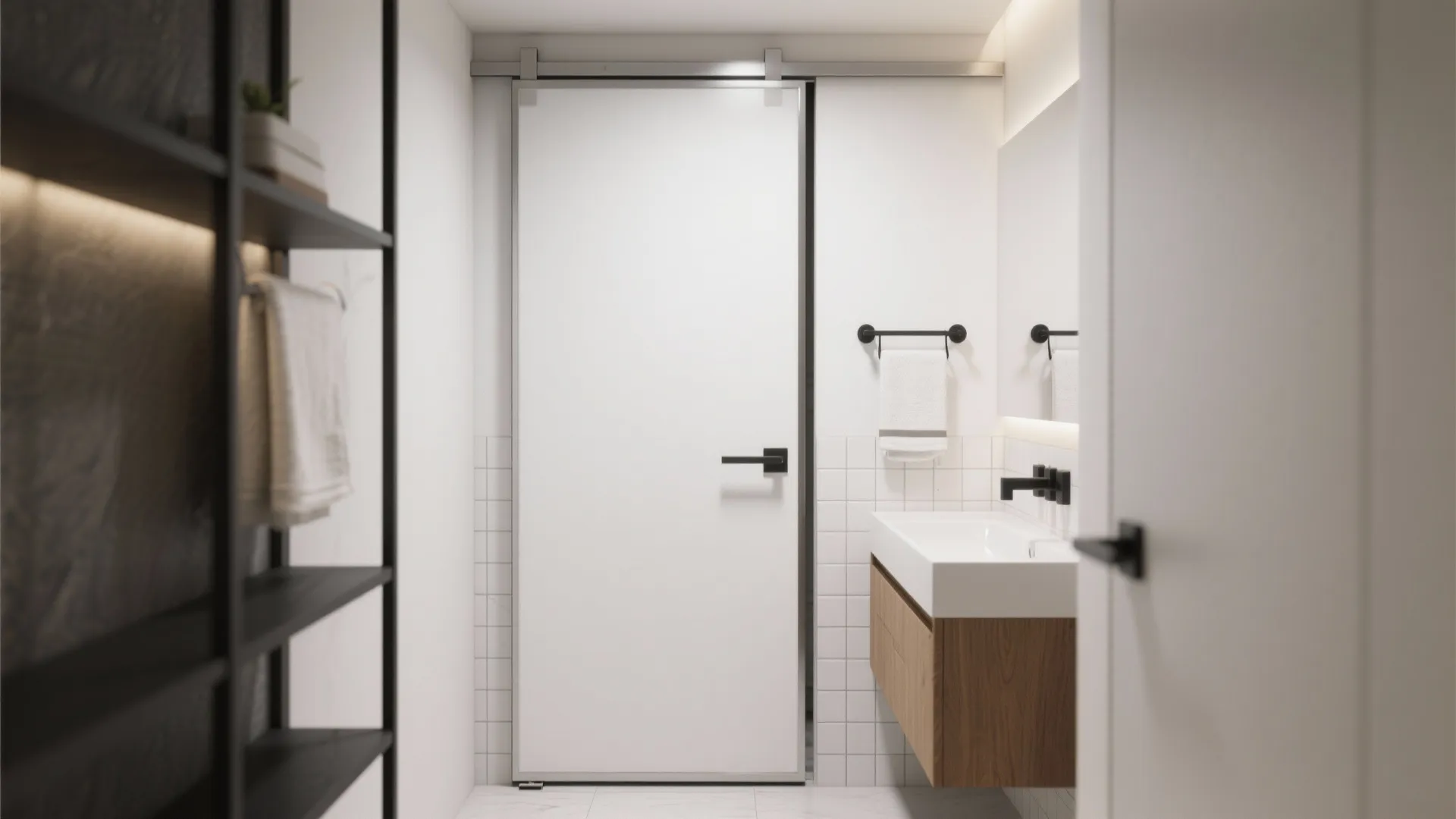 Modern white sliding door in bathroom with wooden cabinet white sink black faucet and black shelves