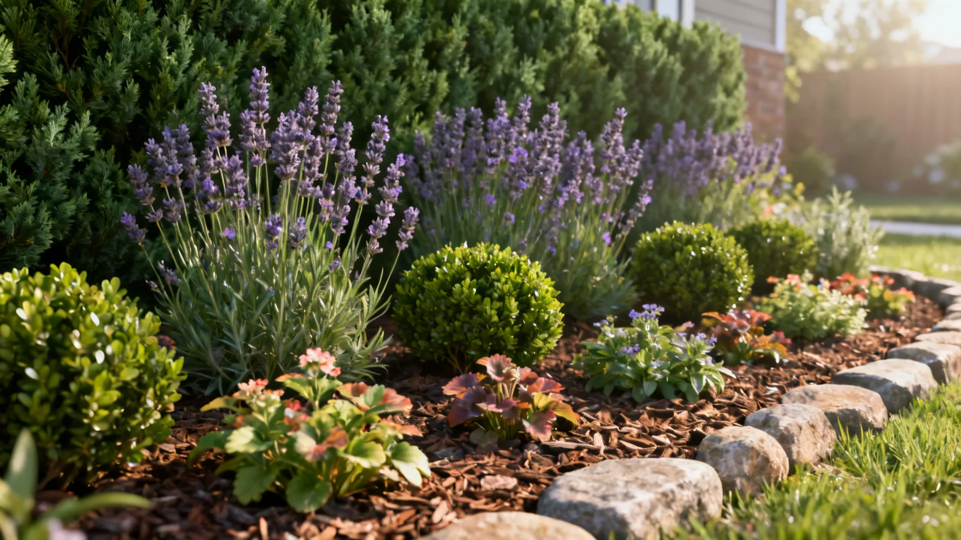 Layered pocket garden with lavender, dwarf boxwood and seasonal annuals in a small front yard.