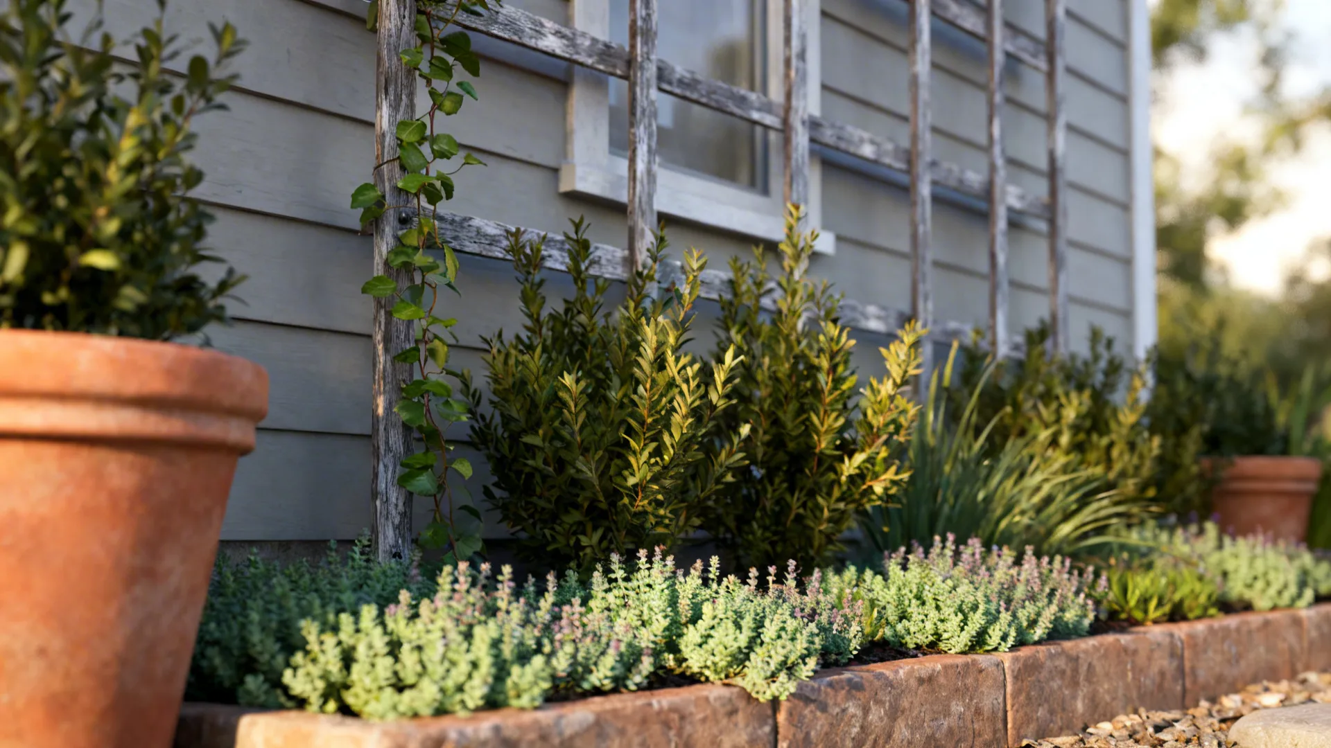 Layered pocket garden with groundcover, shrubs and a narrow trellis
