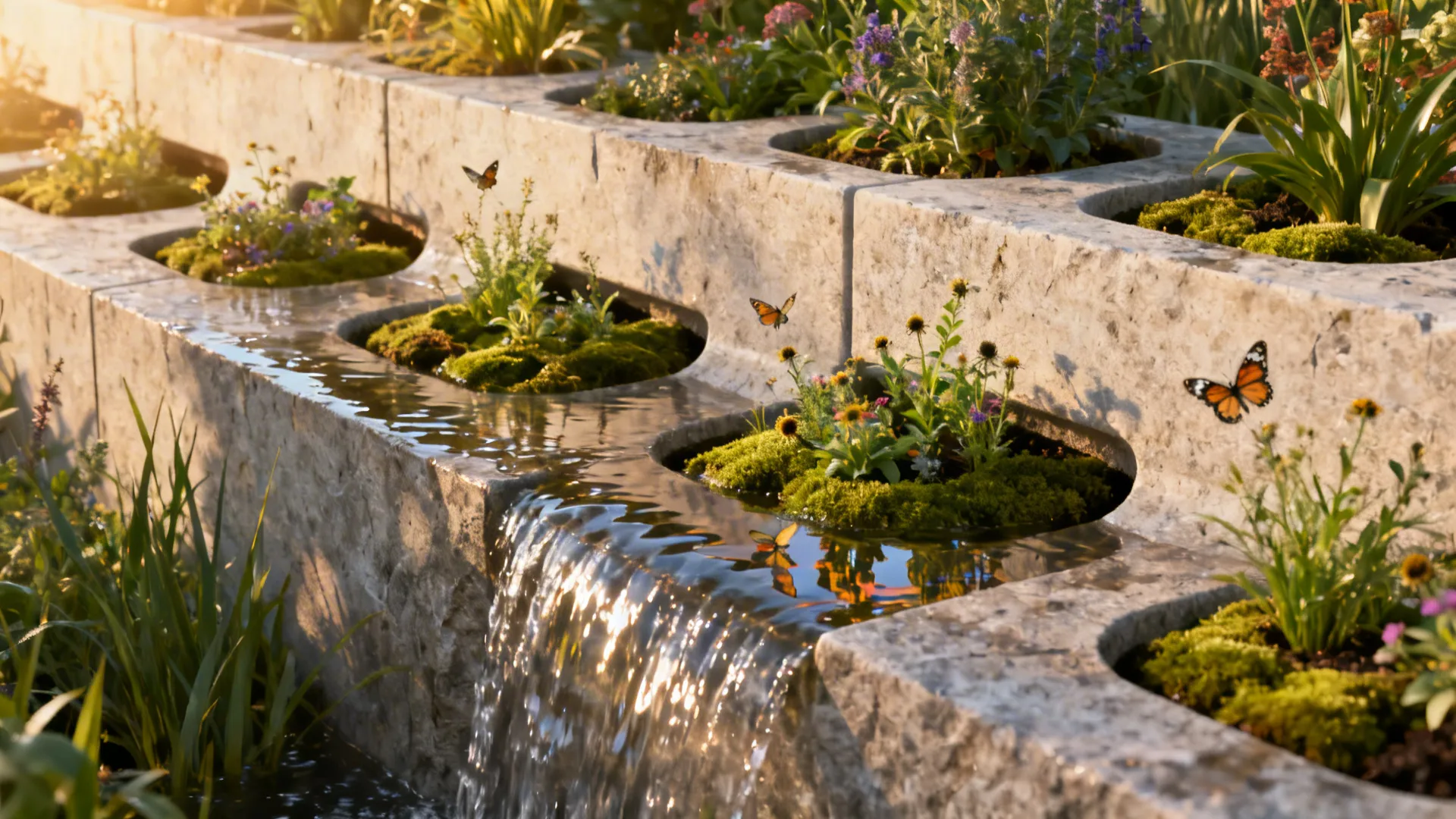 Stone wall with flowing water small green plants bright flowers and orange flying butterflies nearby