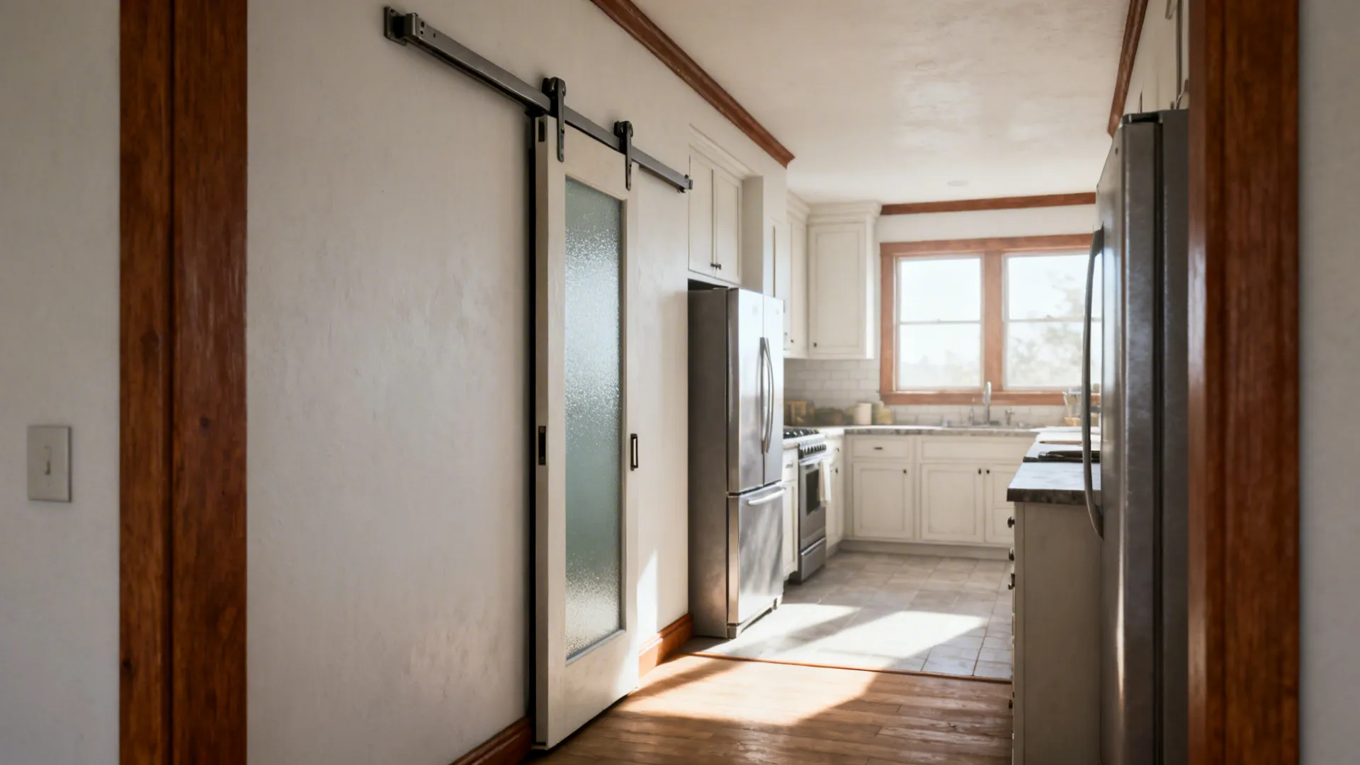 Kitchen entry featuring a pocket door and frosted glass door option to improve circulation and light.