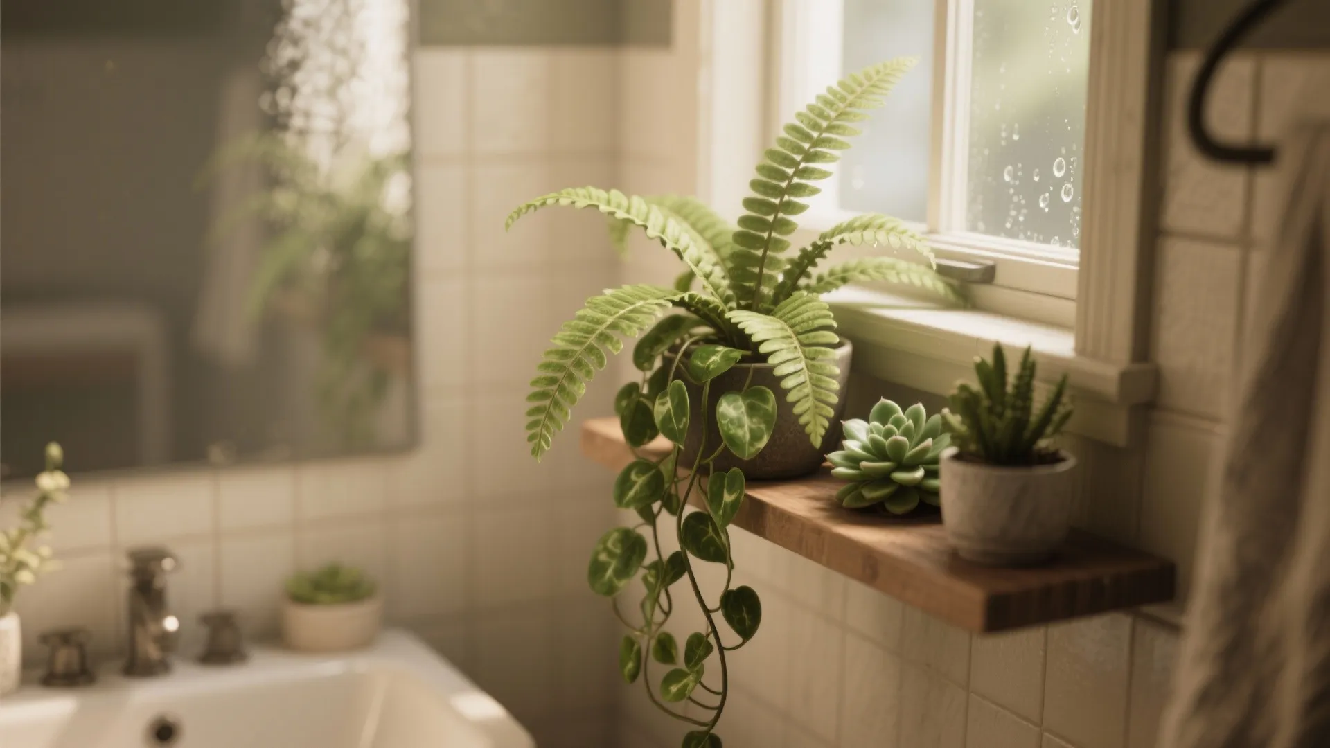 Close-up of fern, pothos, and succulents on a narrow bathroom shelf near a window.
