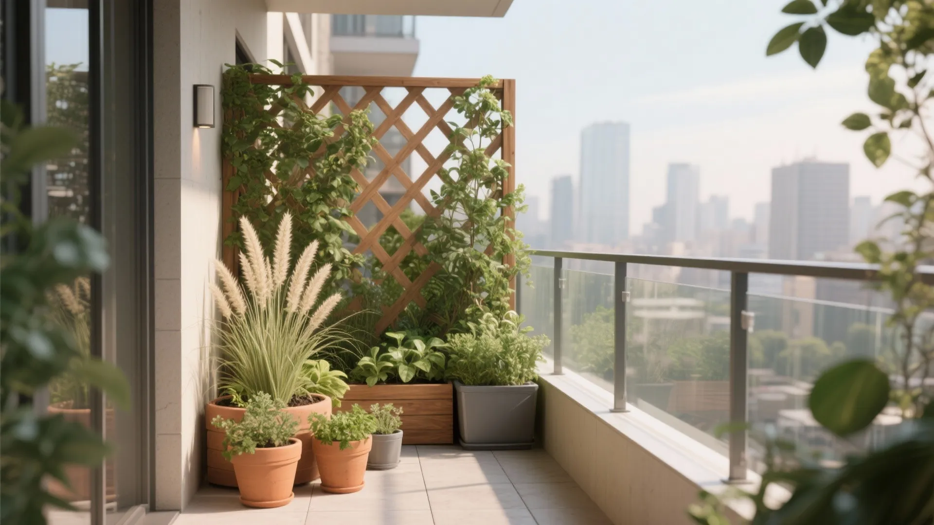 Urban balcony garden with wooden trellis wall green plants in clay pots and city view