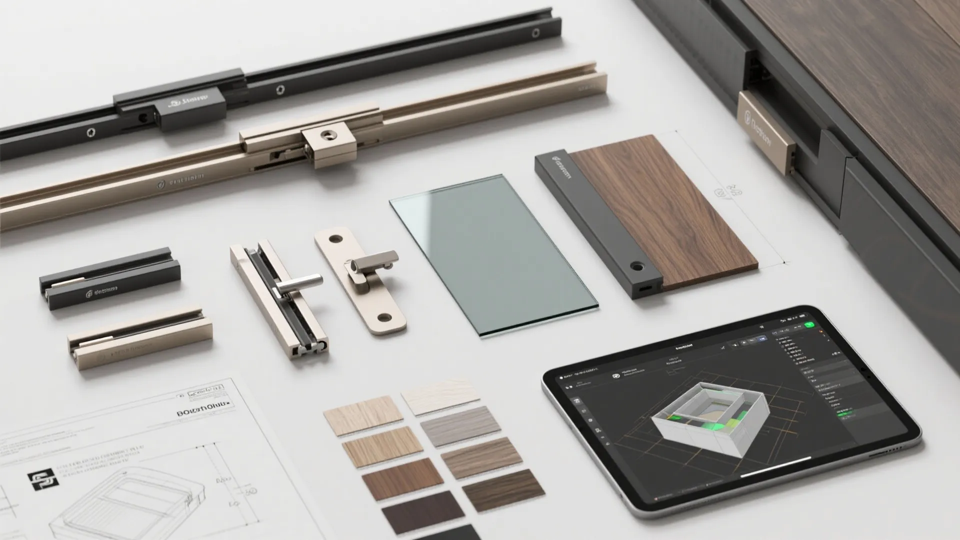 Cabinet hardware parts glass panel wood samples and tablet showing interior design drawing on white surface