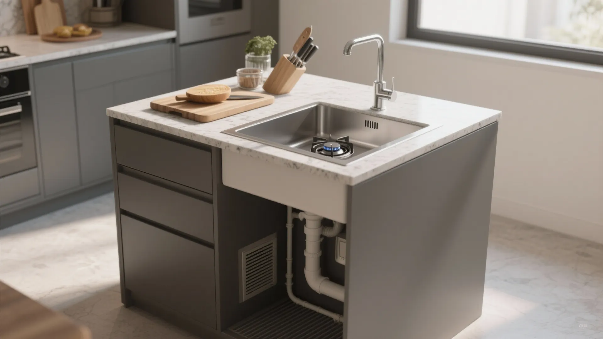 Compact pocket island featuring a prep sink and single-burner cooktop with visible service access.