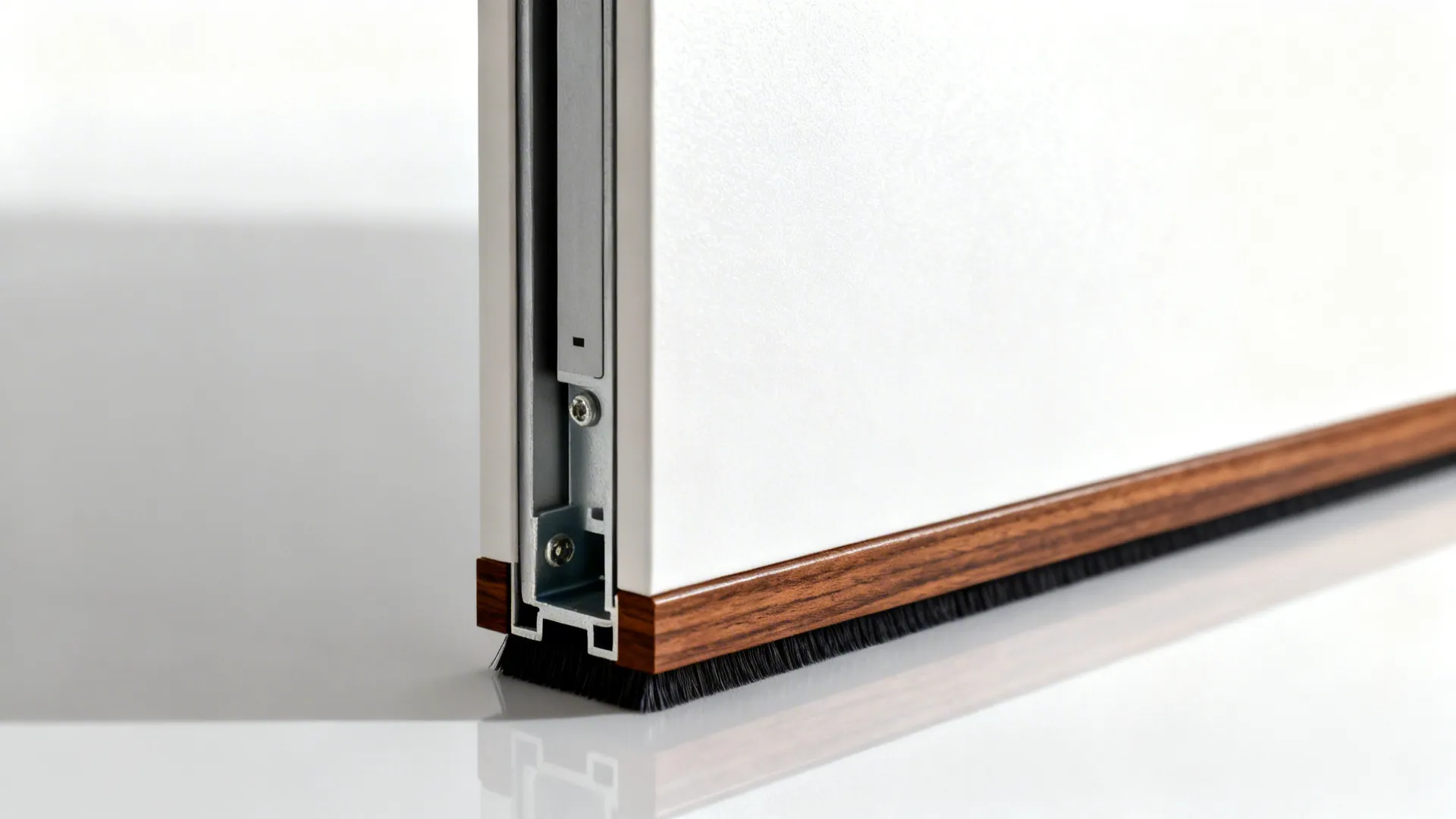 Macro of pocket door jamb with soft-close cassette and brush seal trim.
