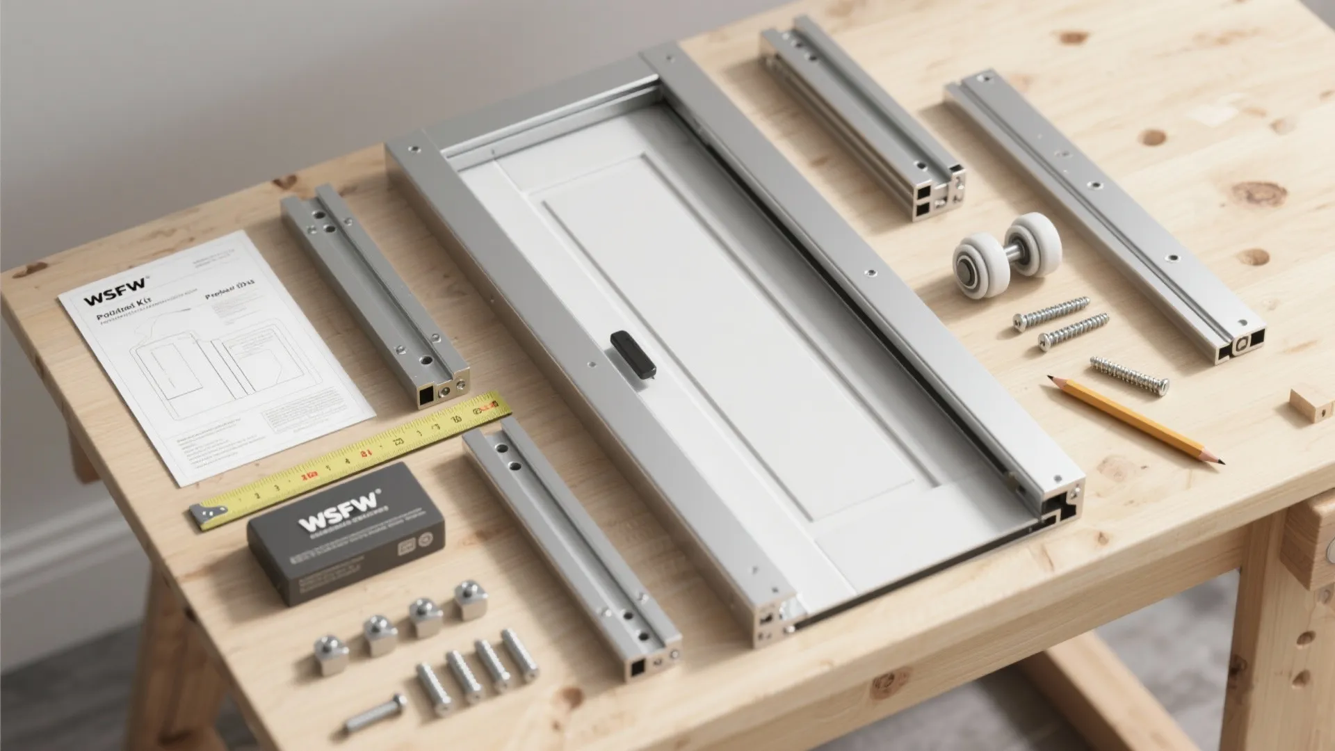 White door panel with metal rails wheels screws measuring tape and manual on wooden surface