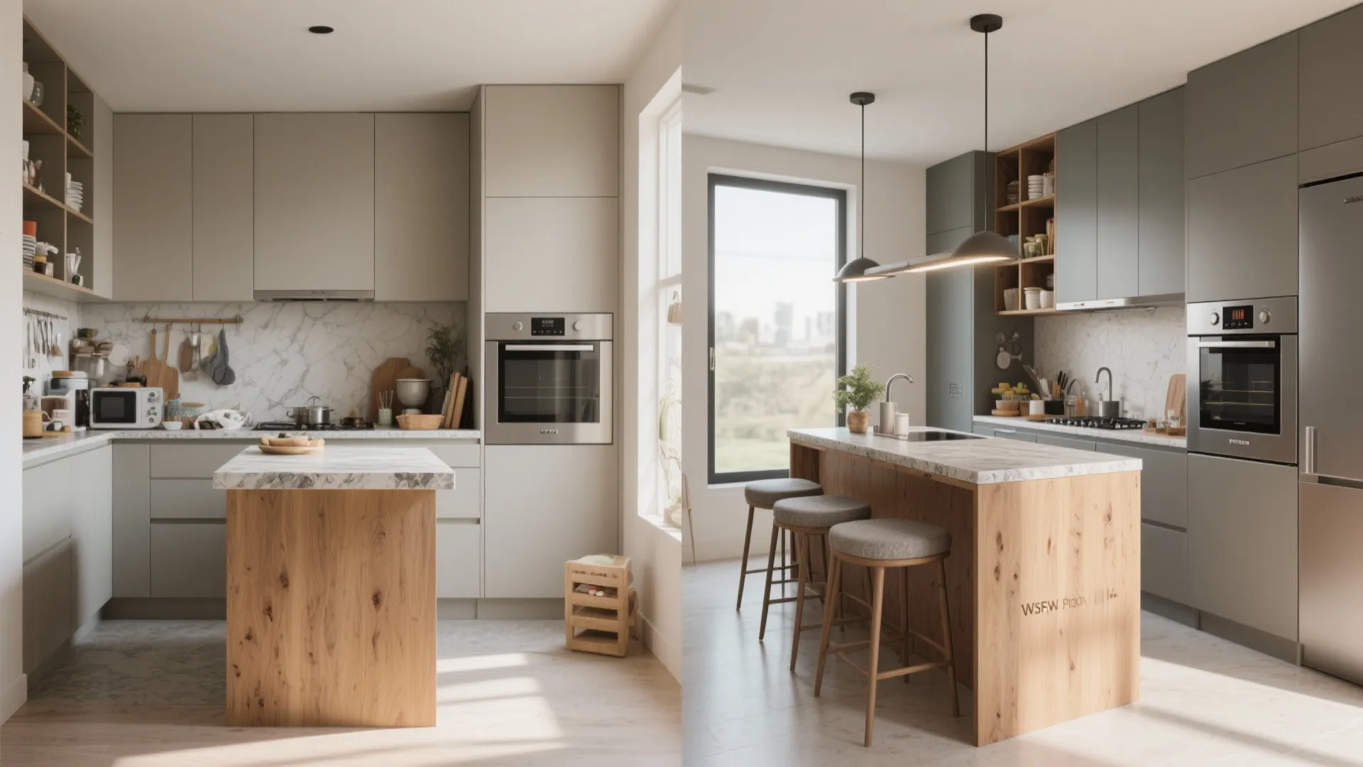 Before-and-after photorealistic comparison of a compact kitchen redesigned with vertical storage and a slim multifunction island.