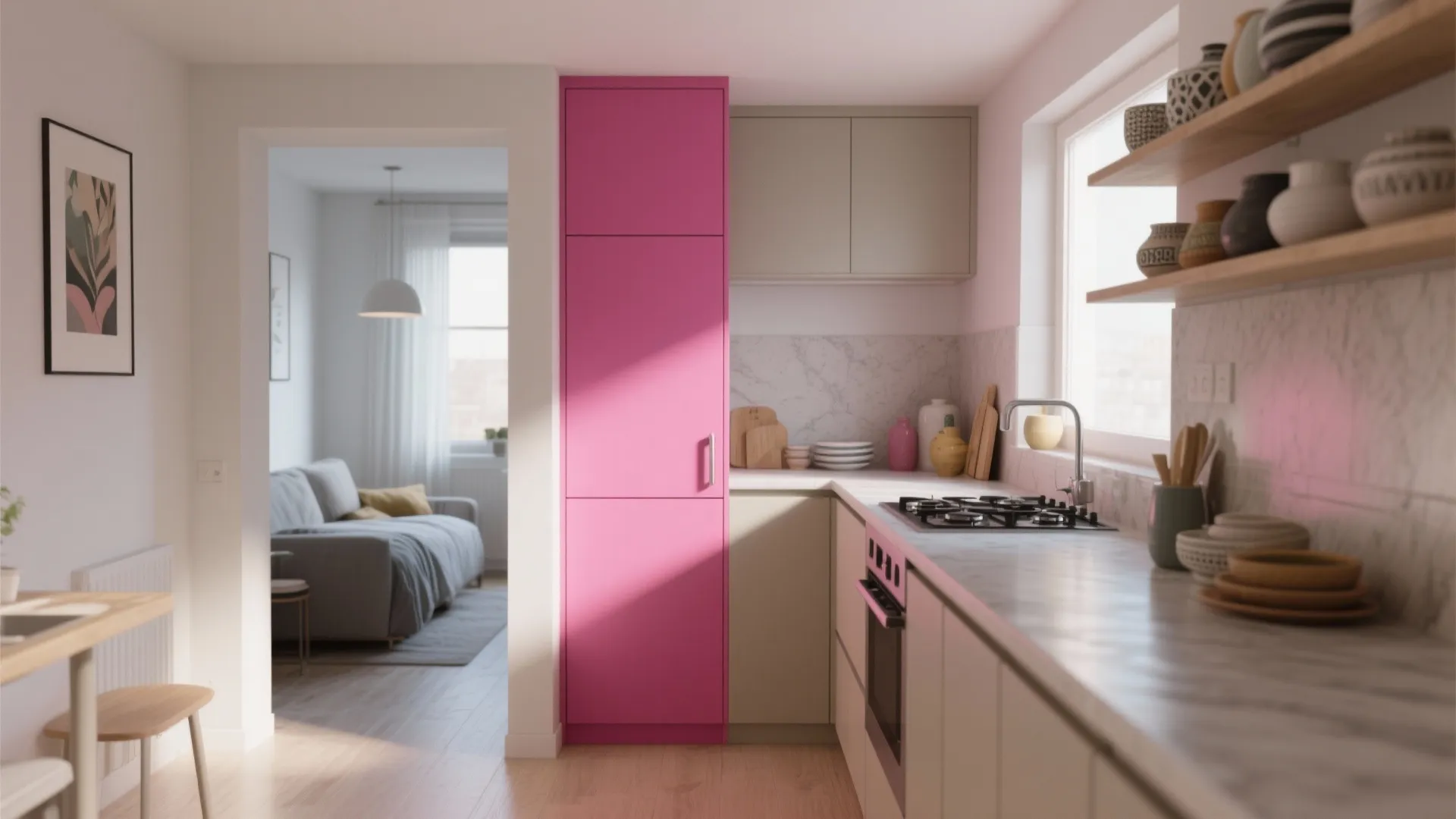 3. Pocket kitchens: use pink to define work zones