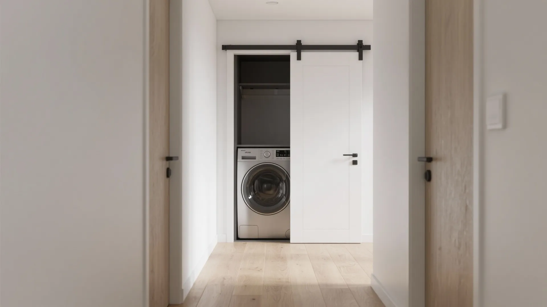 White washing machine inside a small laundry closet with a white sliding door and wooden floor