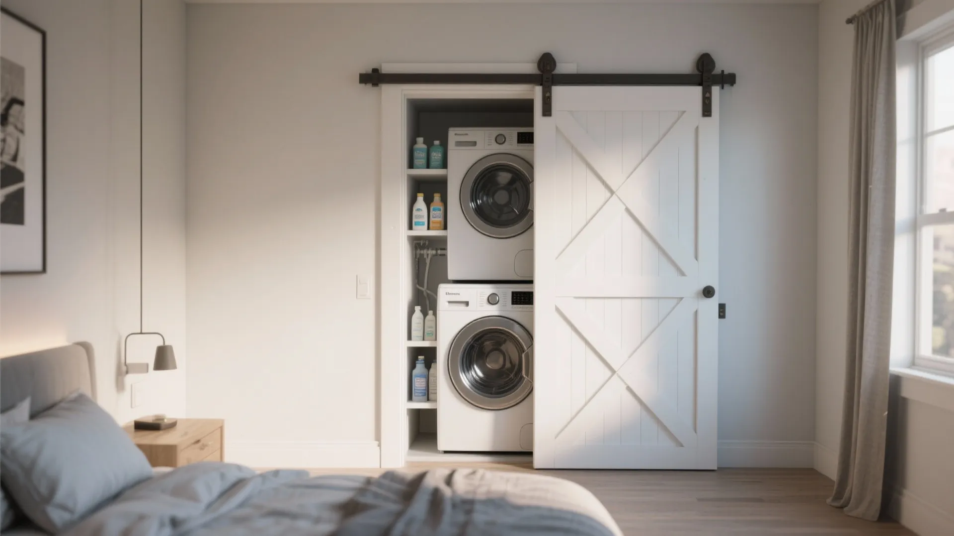 5. Pocket barn door concealing laundry and utilities