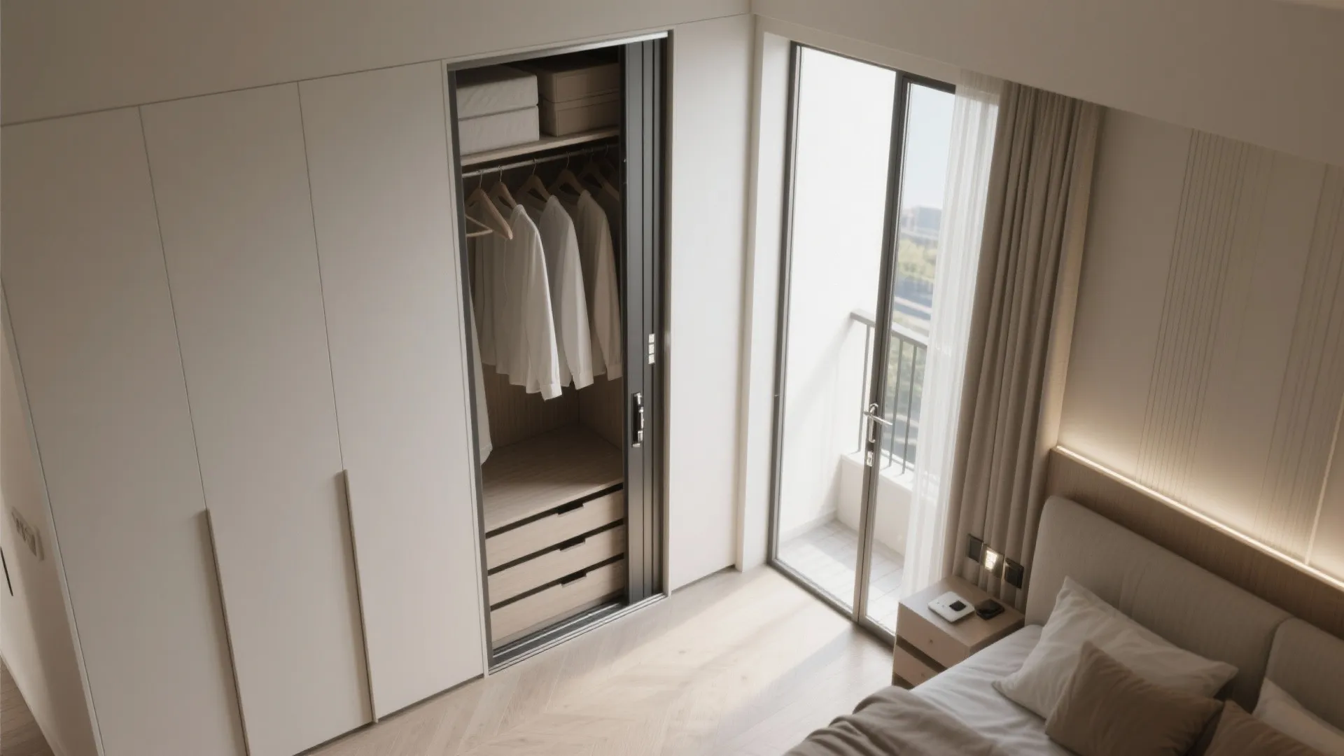 Top view of a white bedroom closet with open door showing hanging shirts and drawers