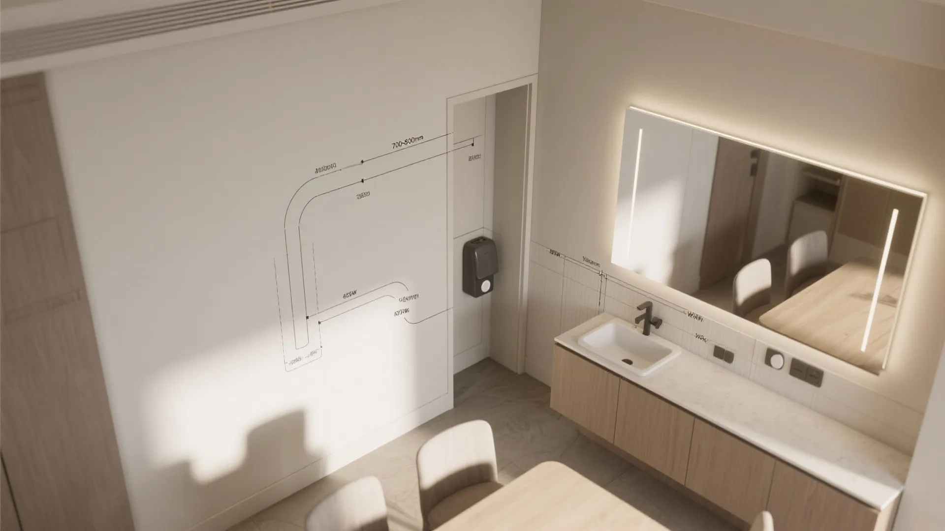 Interior design drawing of a bathroom wall with measurements mirror sink cabinet and lighting plan