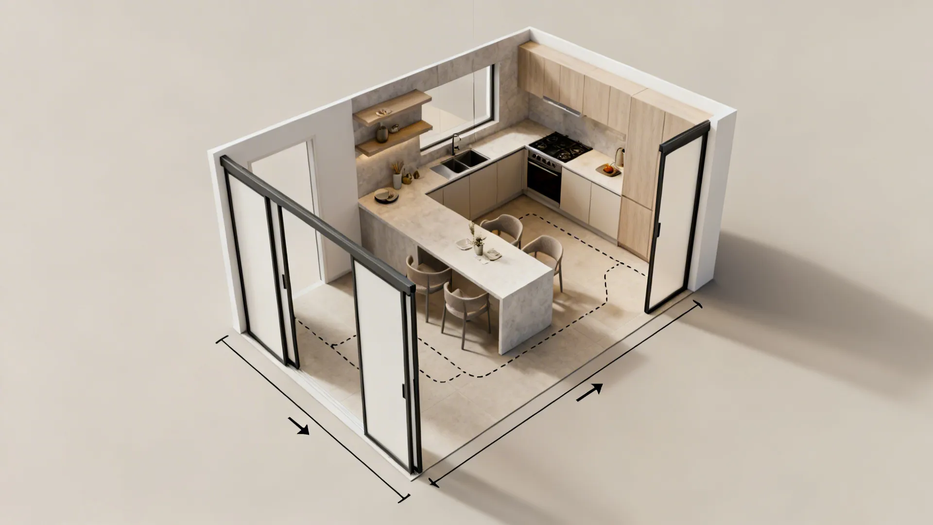 Top-down layout view showing pocket door positions and circulation in a small kitchen.