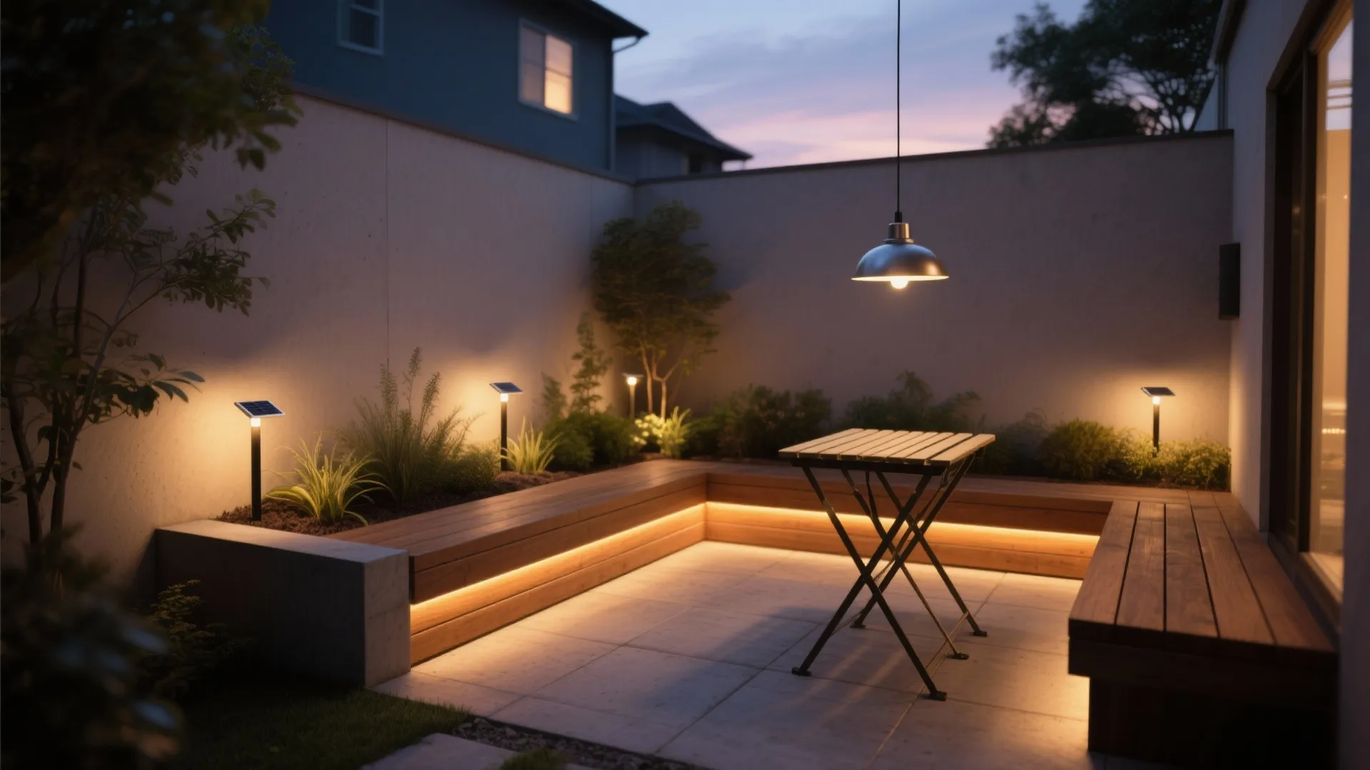 Modern backyard patio with wooden bench lighting, small table, hanging light fixture, and solar lights