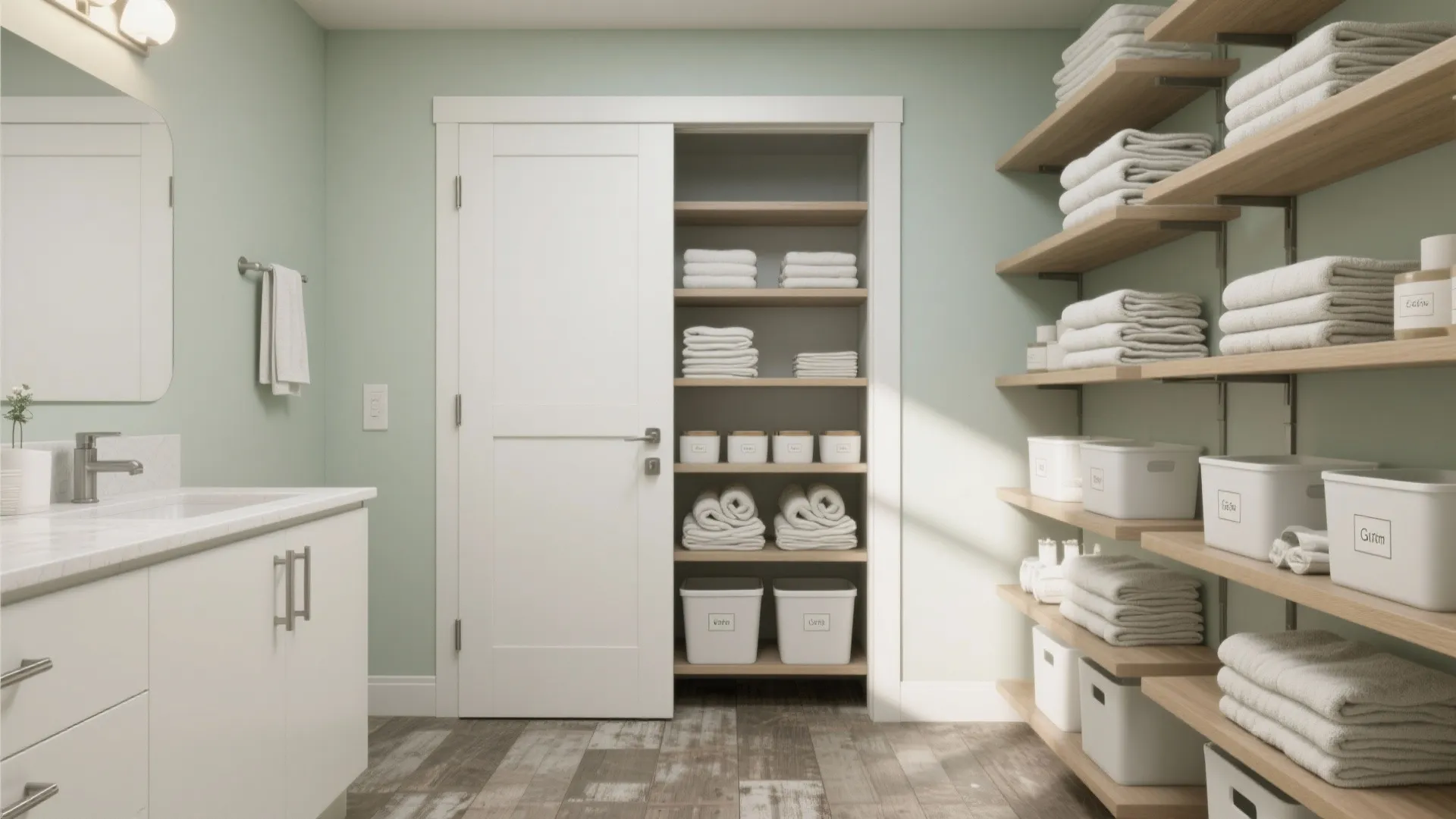 3) Linen Closet Conversion: Pocket Door + Shallow Shelves