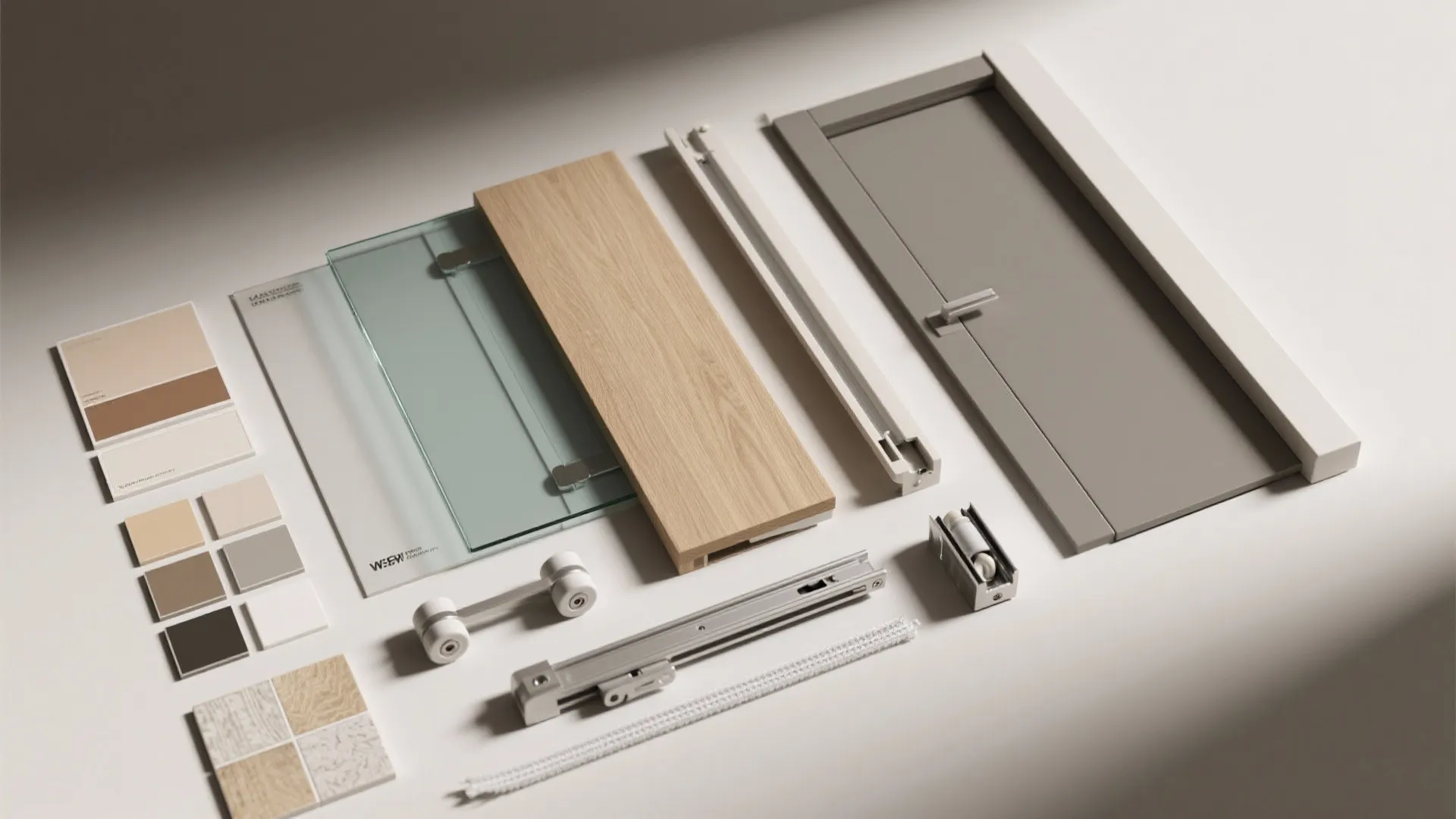 Interior design materials including wood planks glass panels metal tracks color swatches and a grey door
