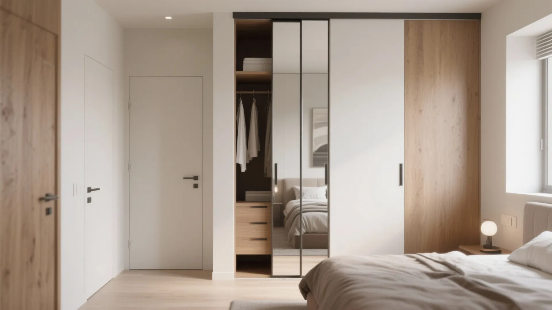 Minimalist bedroom featuring sliding wardrobe with mirrored doors reflecting bed and natural window light setup