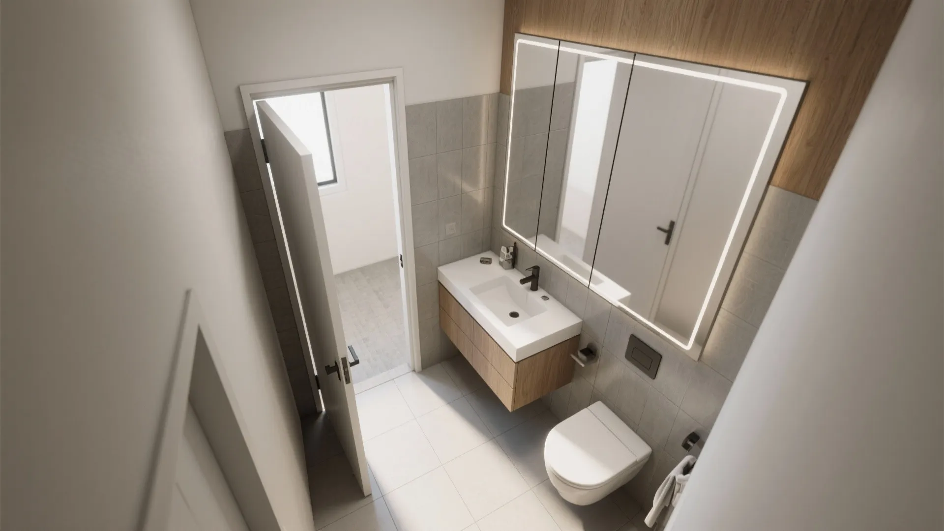 3. Corner pocket door + mirrored wall