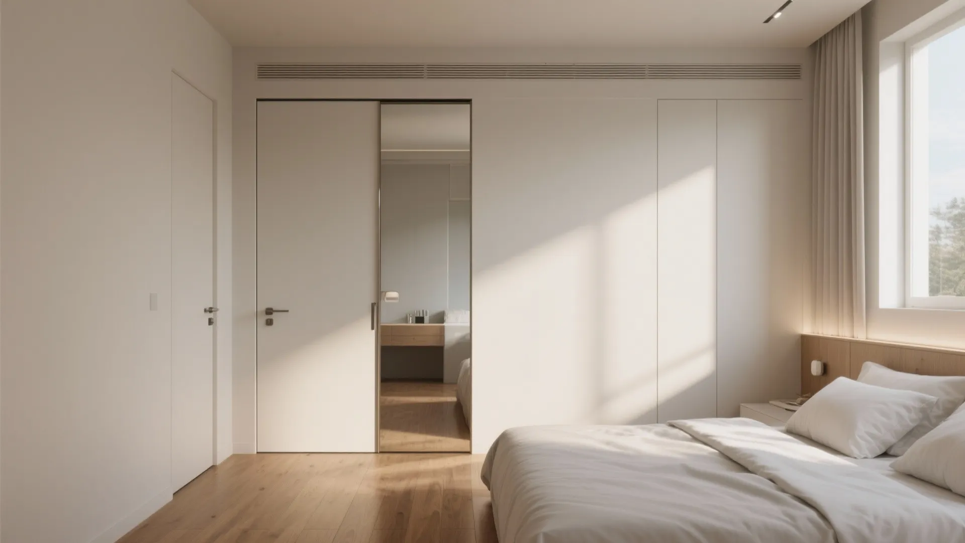 Narrow bedroom with a recessed pocket sliding door and one mirrored panel that reflects light to make the room feel larger.