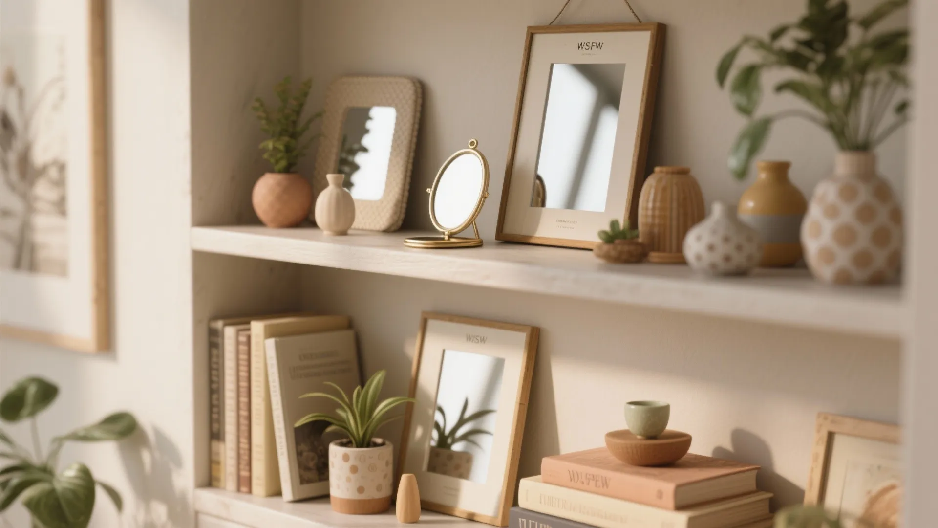 Wooden wall shelves holding small mirrors in frames potted plants and various small decorative ceramic vases