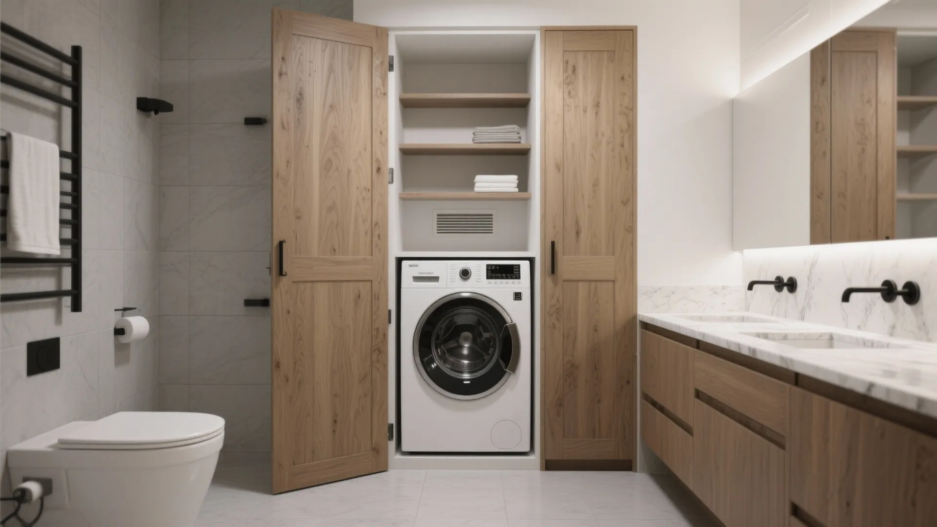 Built-in laundry niche with pocket doors
