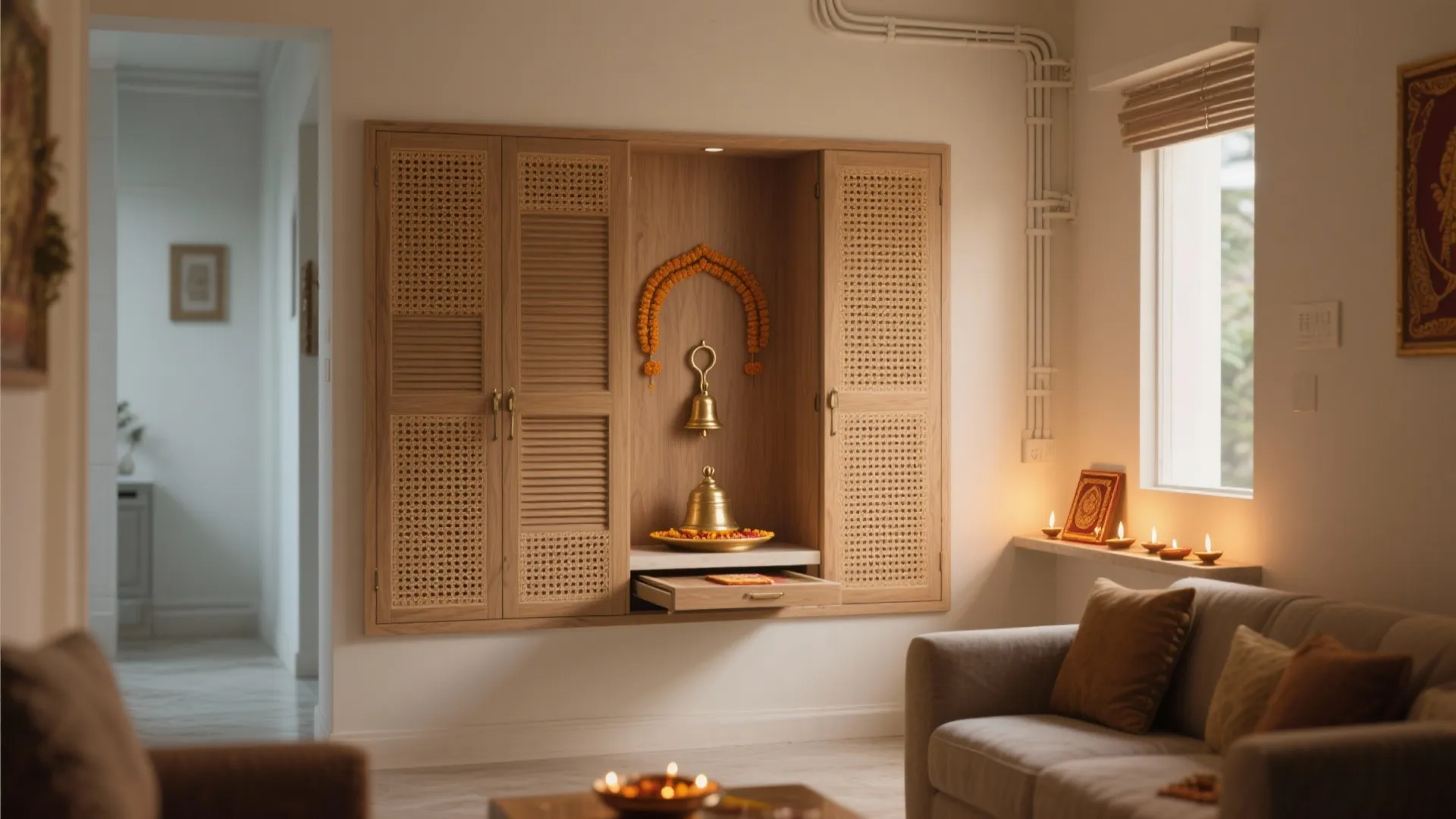 Modern wall cabinet with mesh doors featuring an indoor shrine and bells in living room