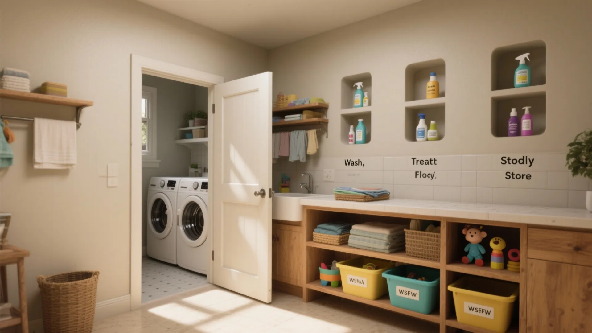 5. Pocket door, recessed niches, and labeled zones