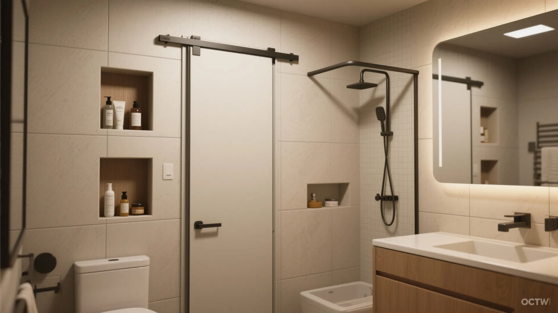 Detail of a pocket door and recessed niches in a compact bathroom.