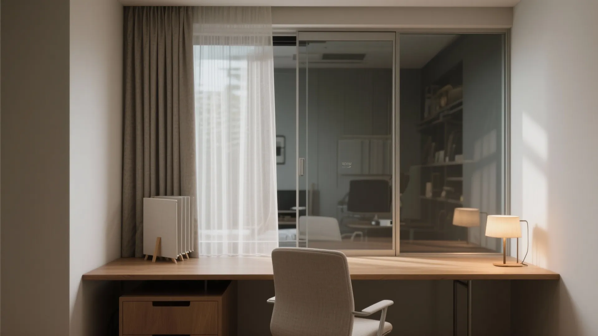 Minimalist wood desk with table lamp and chair placed in front of a glass window